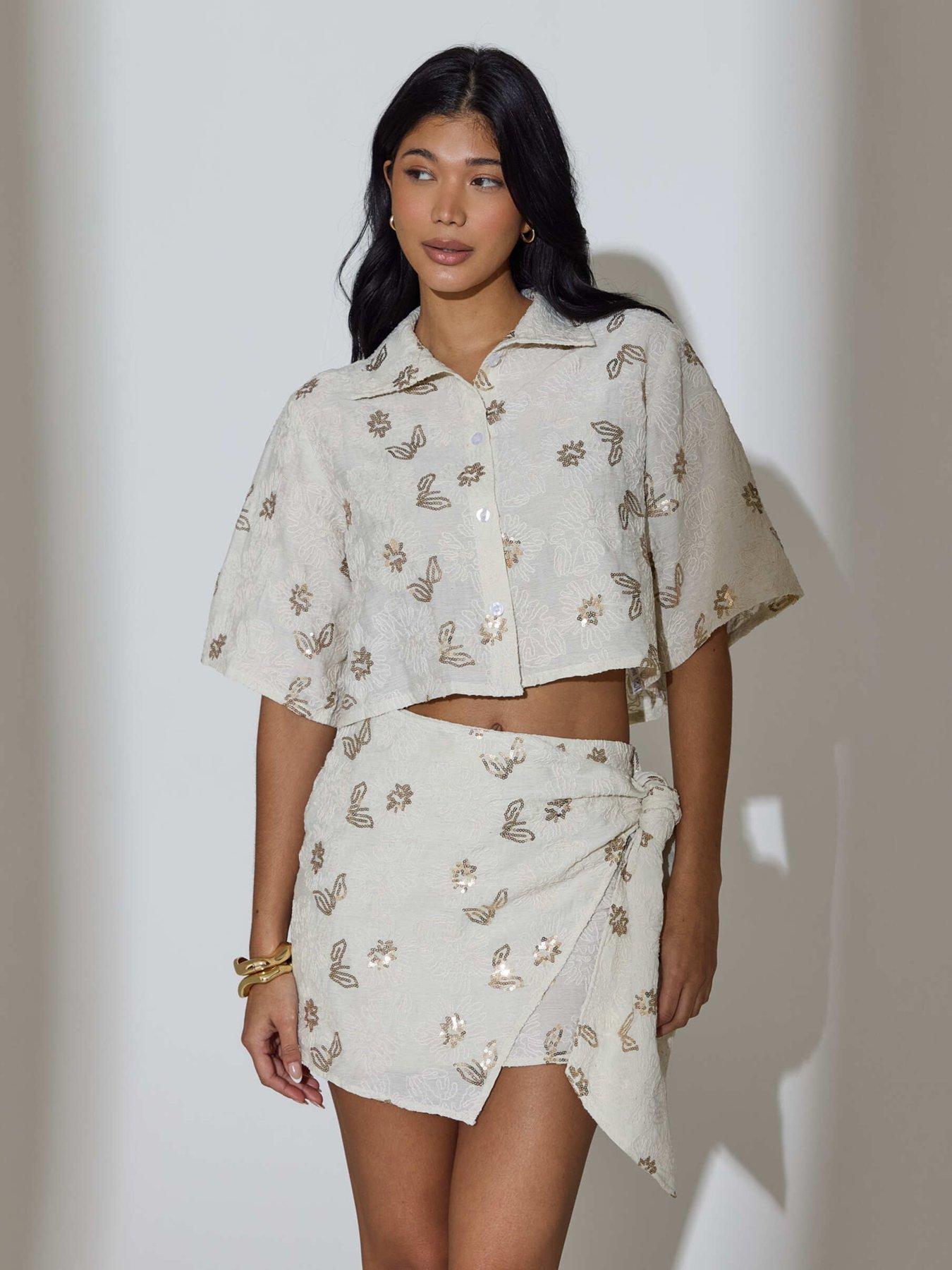 Image 4 of 4 of South Beach Floral Sequin Embroidered Wrap Mini Skirt - Cream
