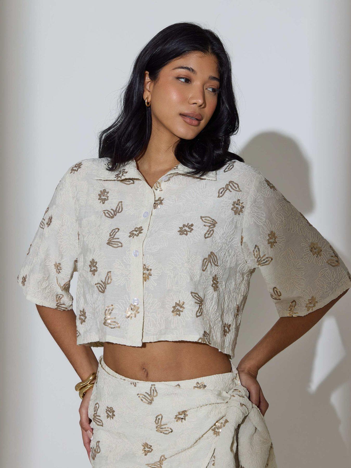 Image 2 of 3 of South Beach South Beach Floral Sequin Embroidered Short Sleeve Shirt - Cream
