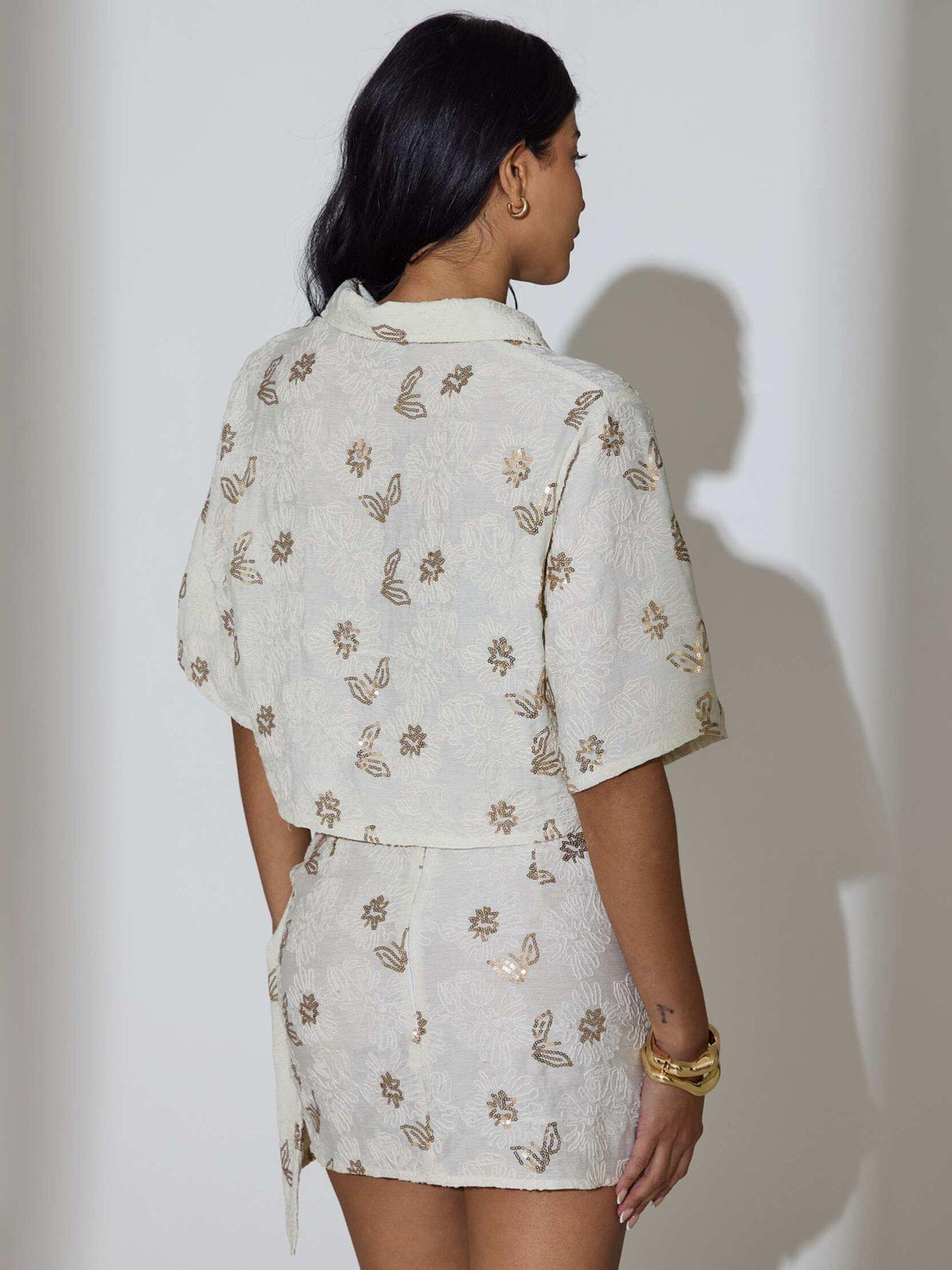 Image 3 of 3 of South Beach South Beach Floral Sequin Embroidered Short Sleeve Shirt - Cream