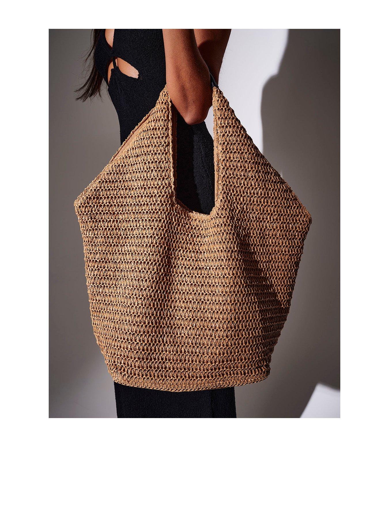 South Beach Straw Oversized bag with pu handle trim and lining - Beige
