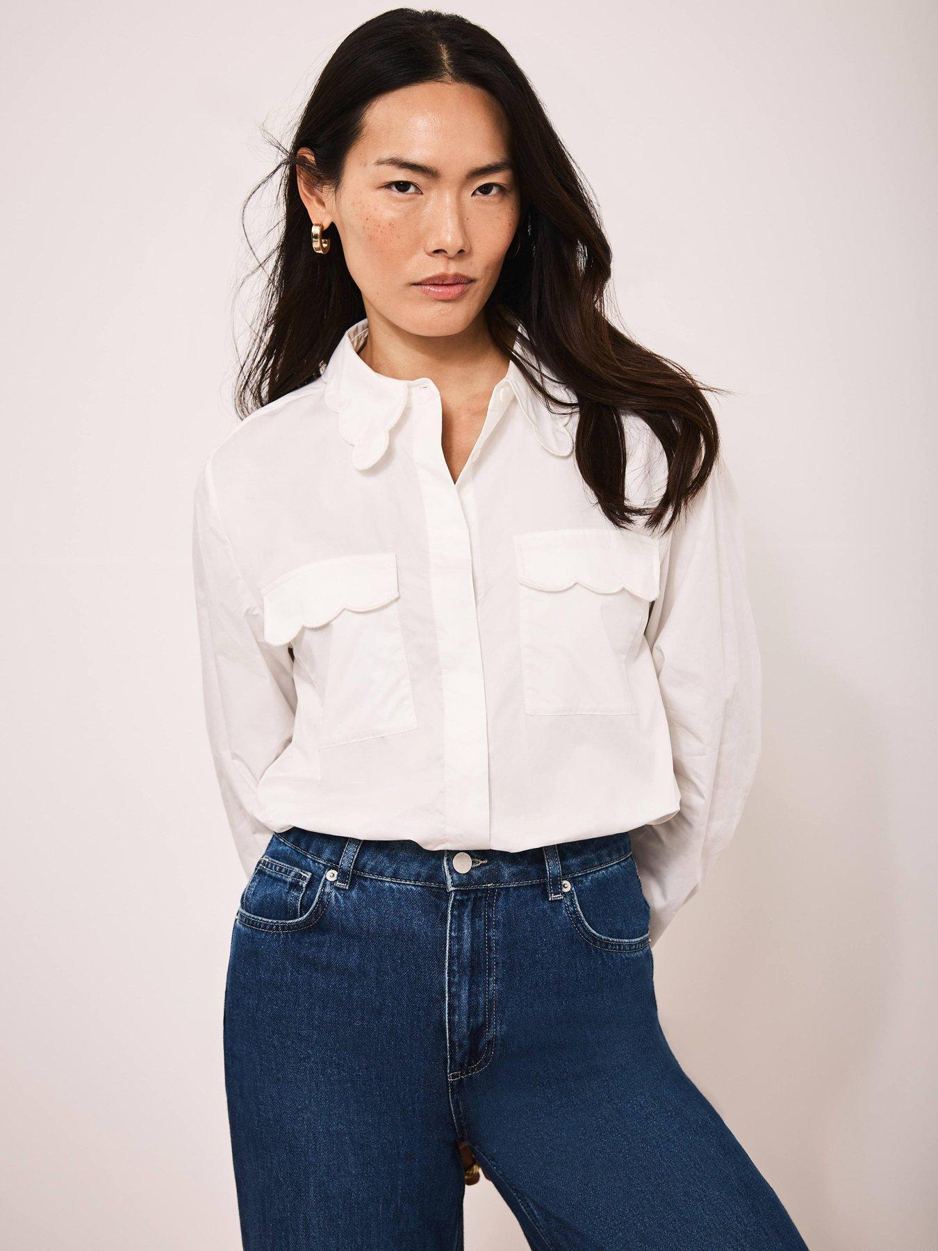 Mint Velvet Cotton Scallop Shirt - White