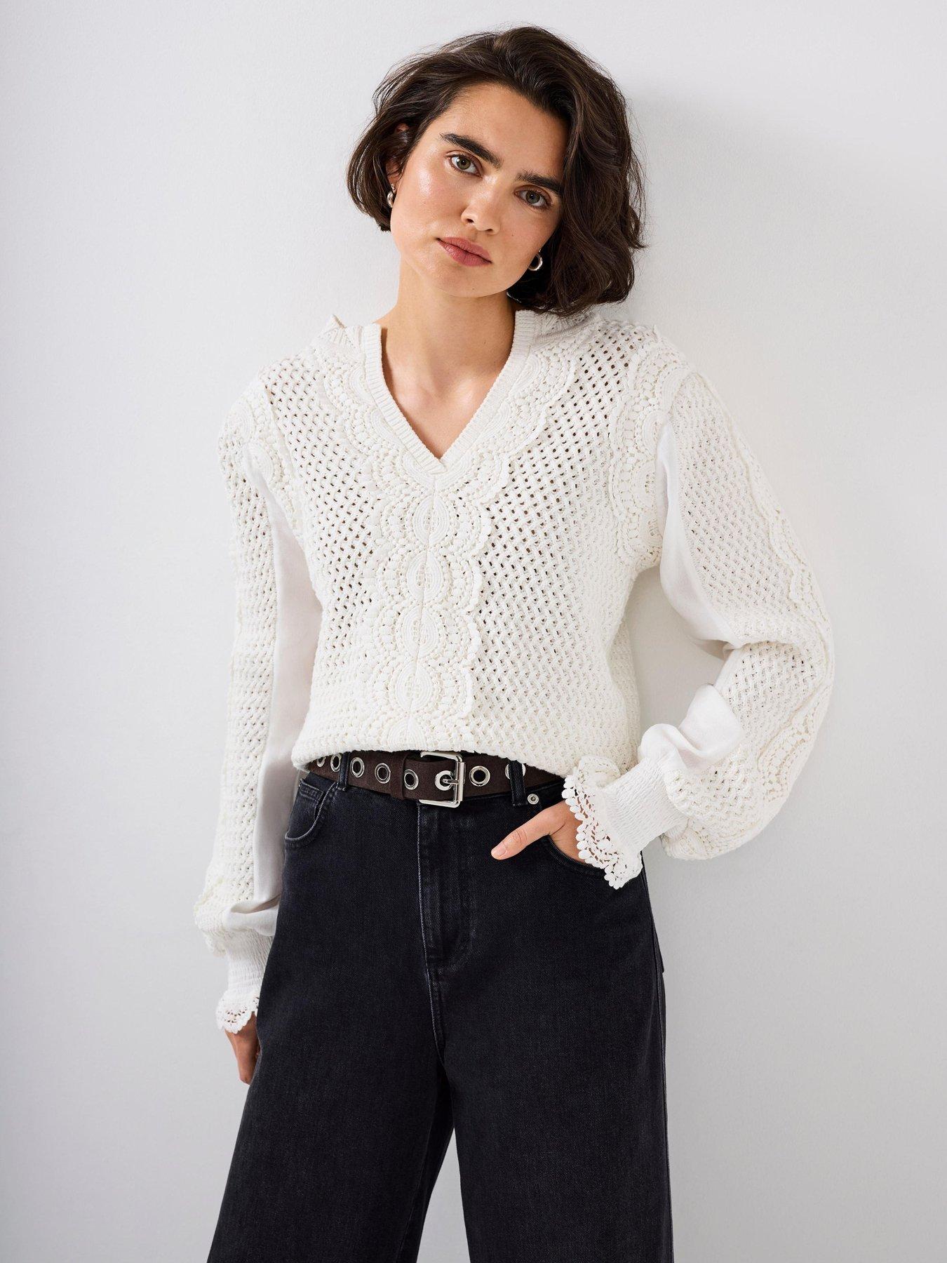 Mint Velvet Ivory Woven Mix Jumper - White