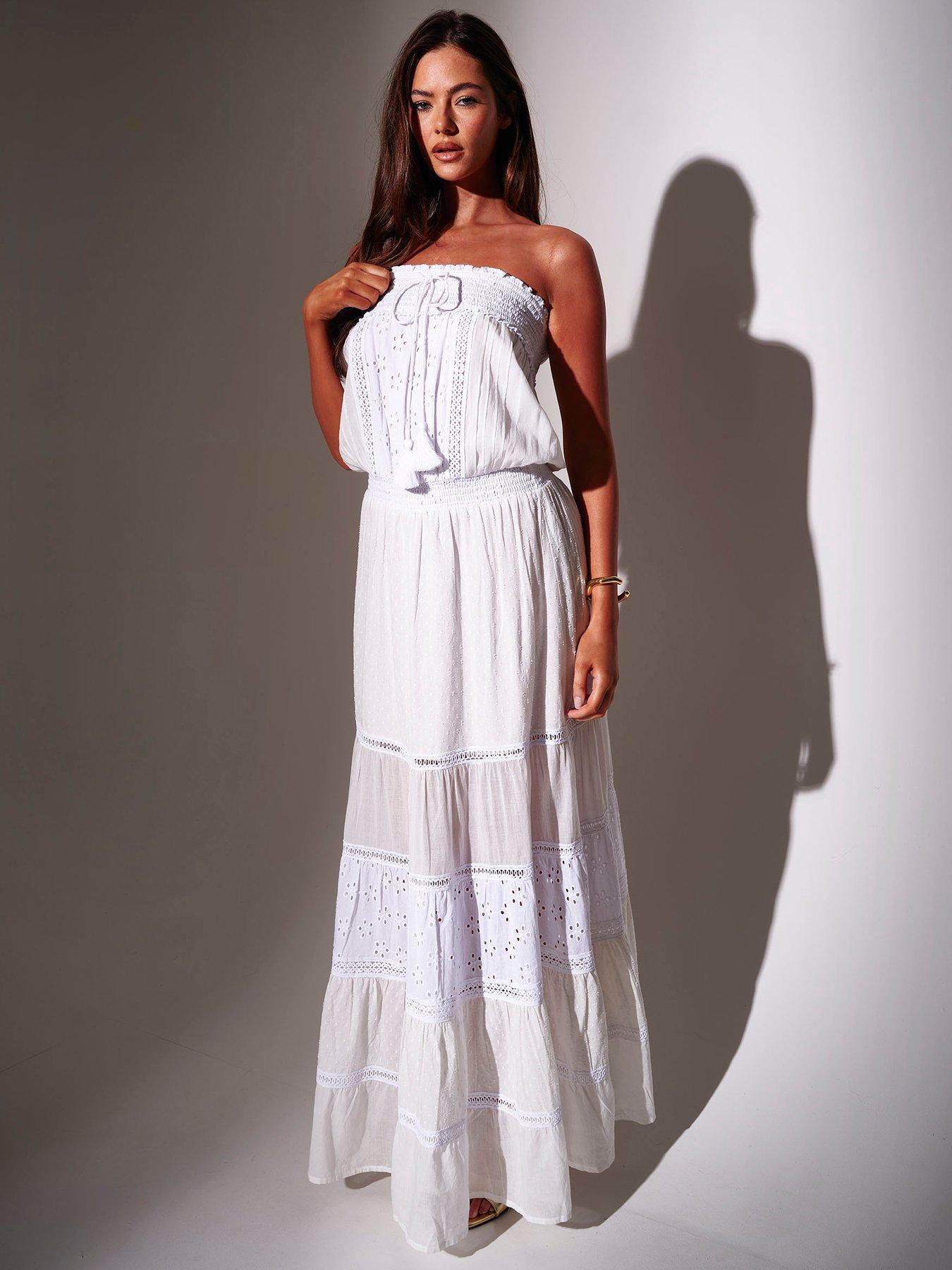 South Beach Bandeau Broderie Detail Maxi Dress - White