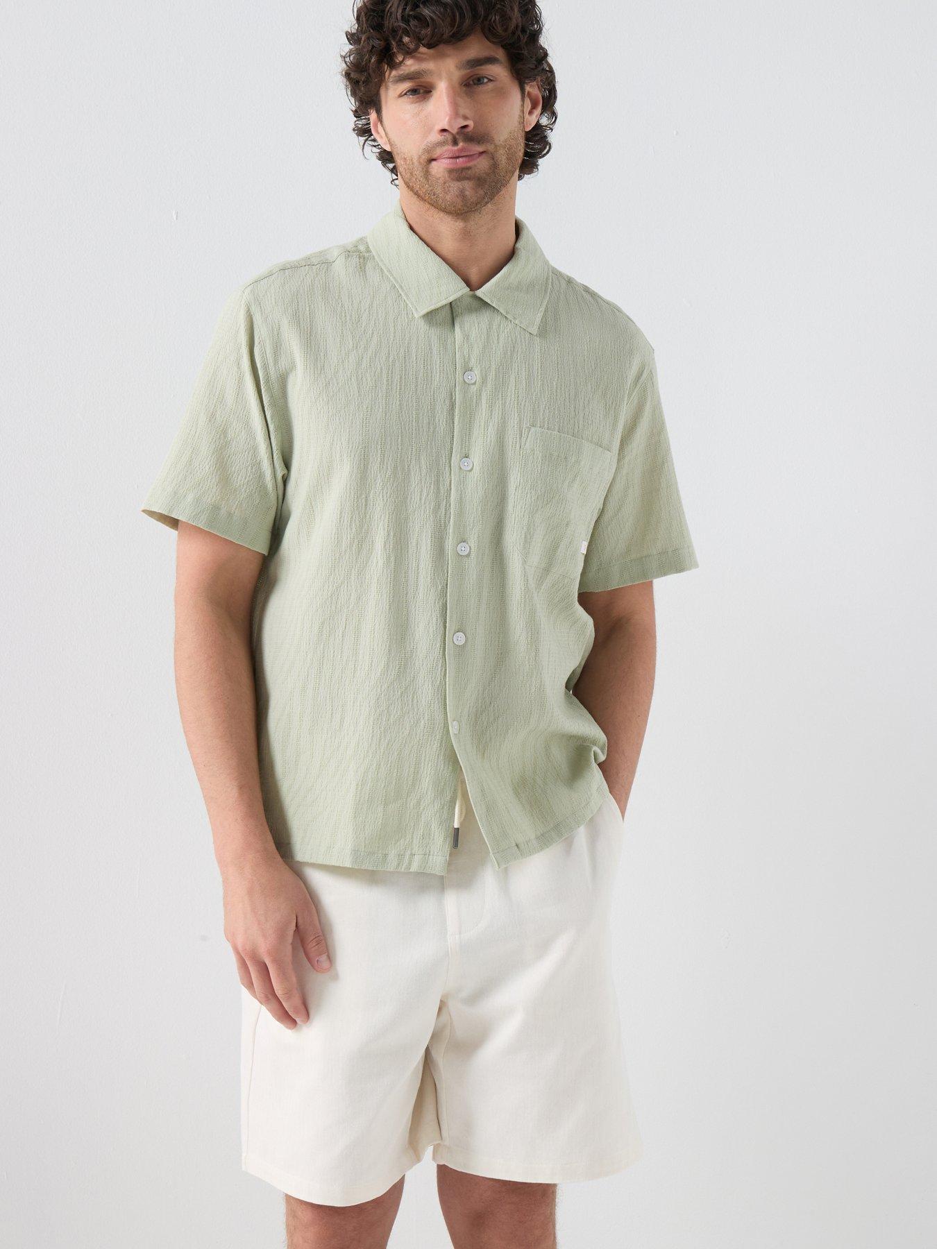Farah F Tab Riley Shortsleeve Box Fit Textured Shirt, Light Green, Size Xl, Men