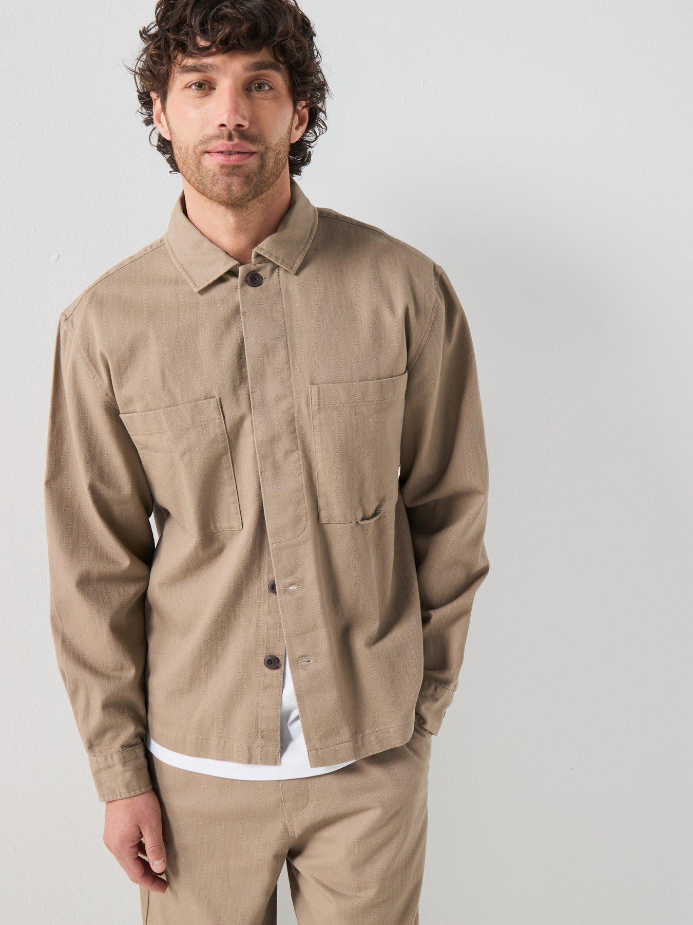 Image 1 of 6 of Farah Farah F Tab Marshall Box Fit Herringbone Overshirt - Beige
