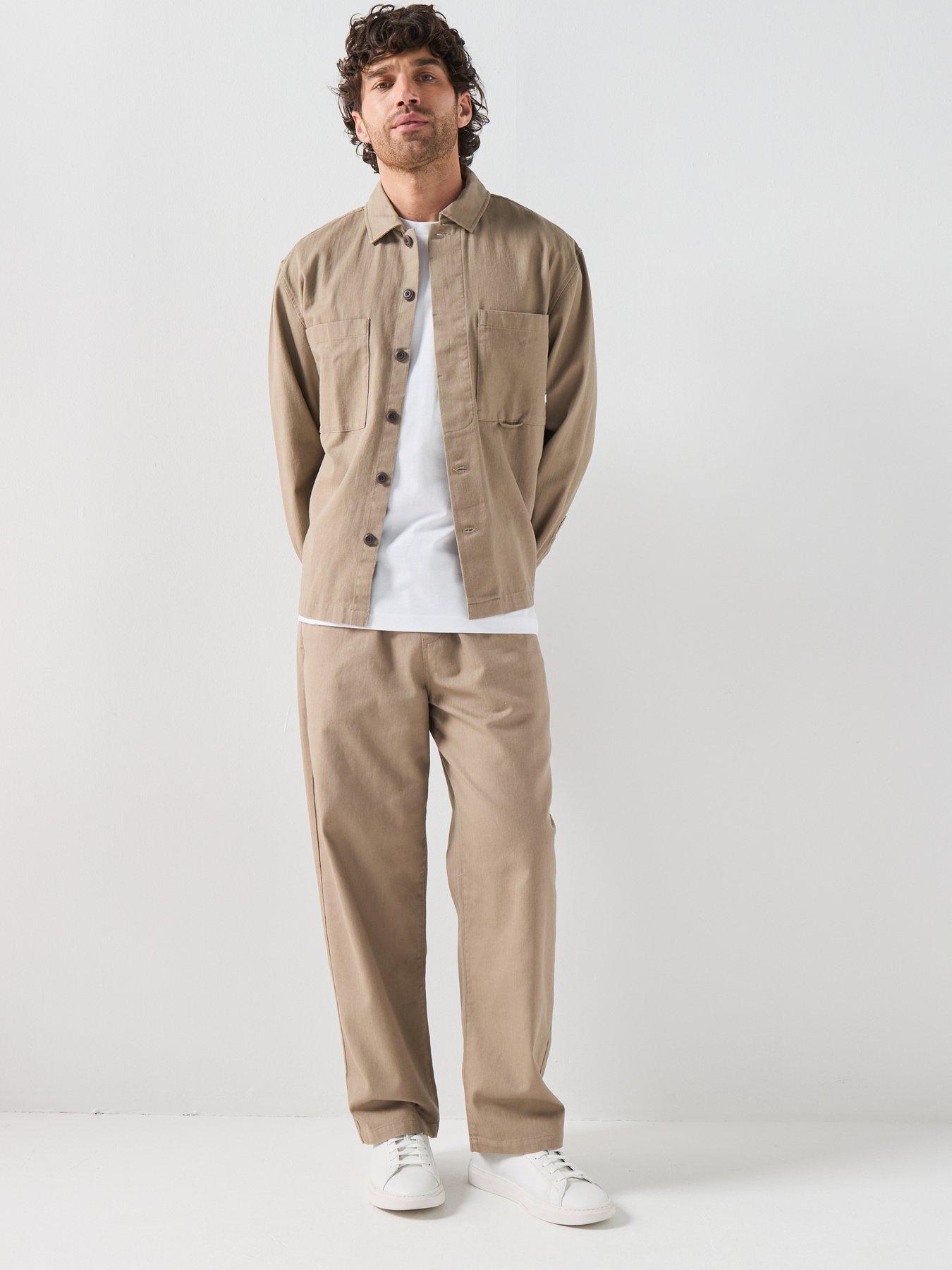 Image 3 of 6 of Farah Farah F Tab Marshall Box Fit Herringbone Overshirt - Beige