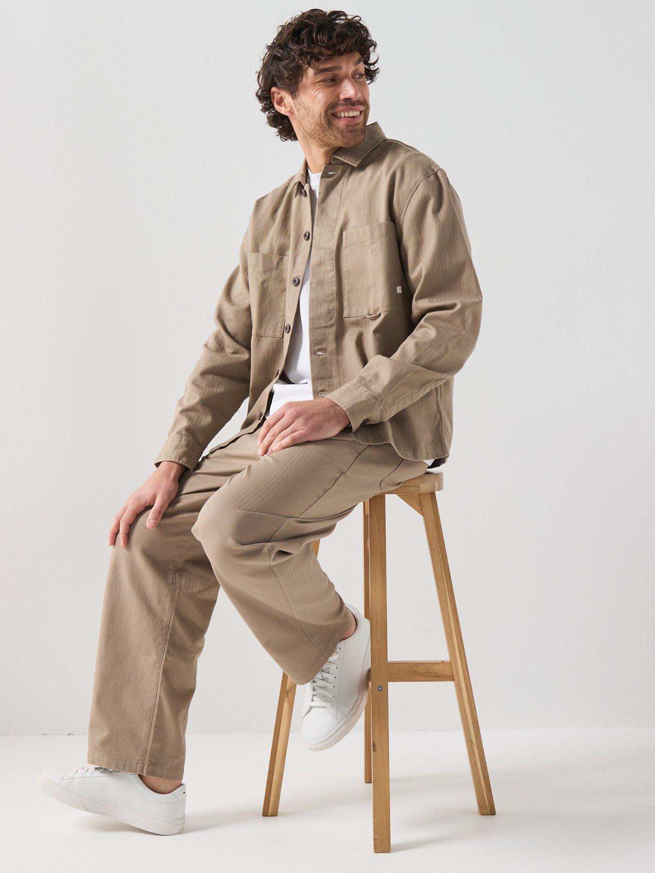 Image 4 of 6 of Farah Farah F Tab Marshall Box Fit Herringbone Overshirt - Beige