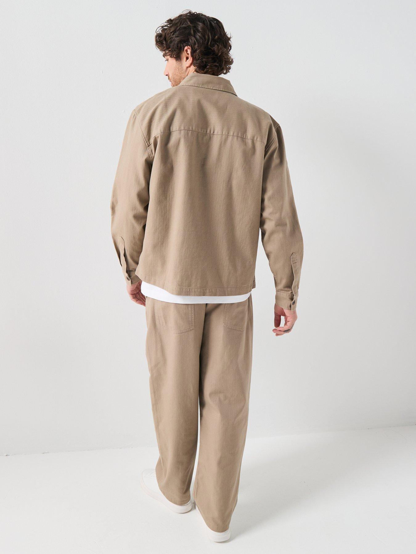 Image 5 of 6 of Farah Farah F Tab Marshall Box Fit Herringbone Overshirt - Beige