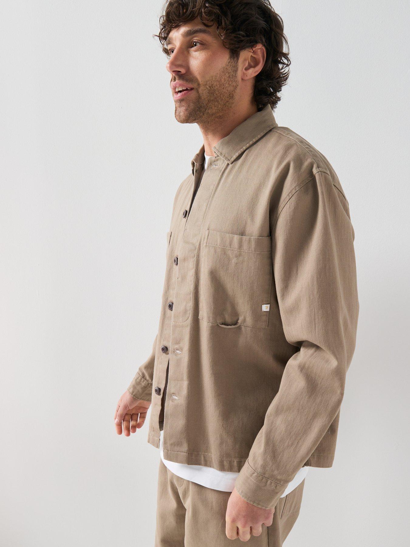 Image 6 of 6 of Farah Farah F Tab Marshall Box Fit Herringbone Overshirt - Beige