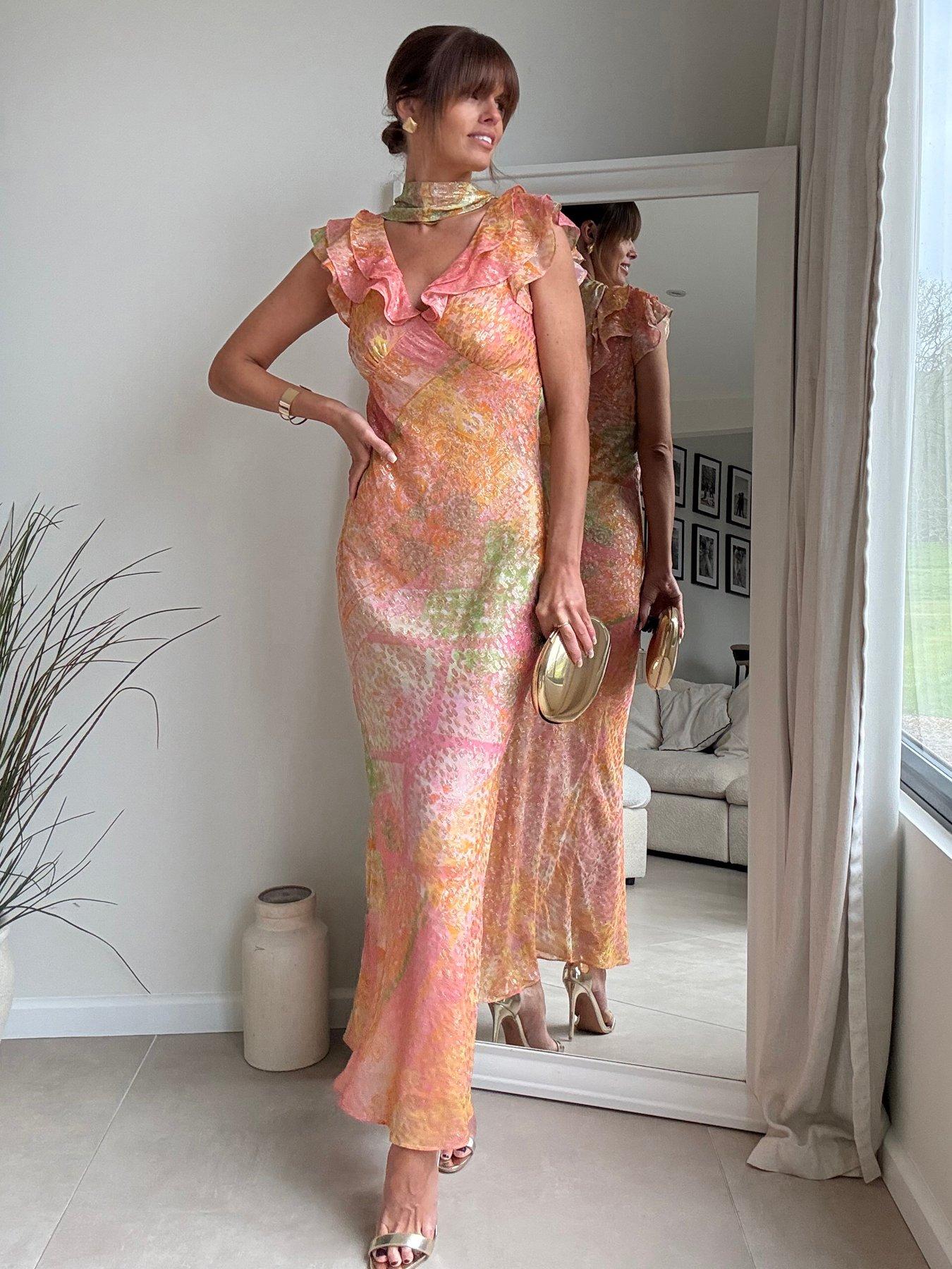 Style Cheat Ruffle Scarf Lurex Print Maxi Dress - Pink//Multi