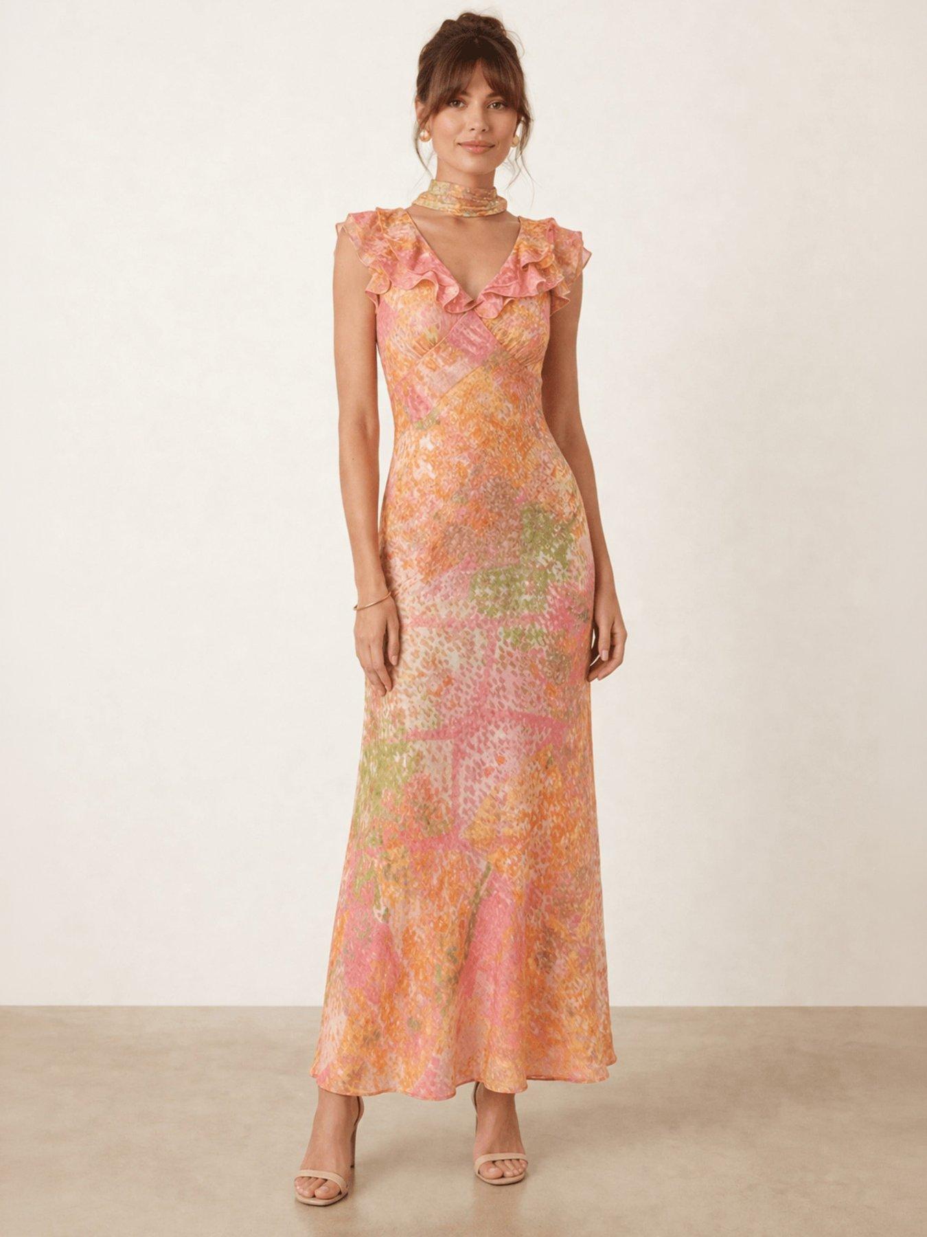 Style Cheat Ruffle Scarf Lurex Maxi Dress - Pink Multi Print