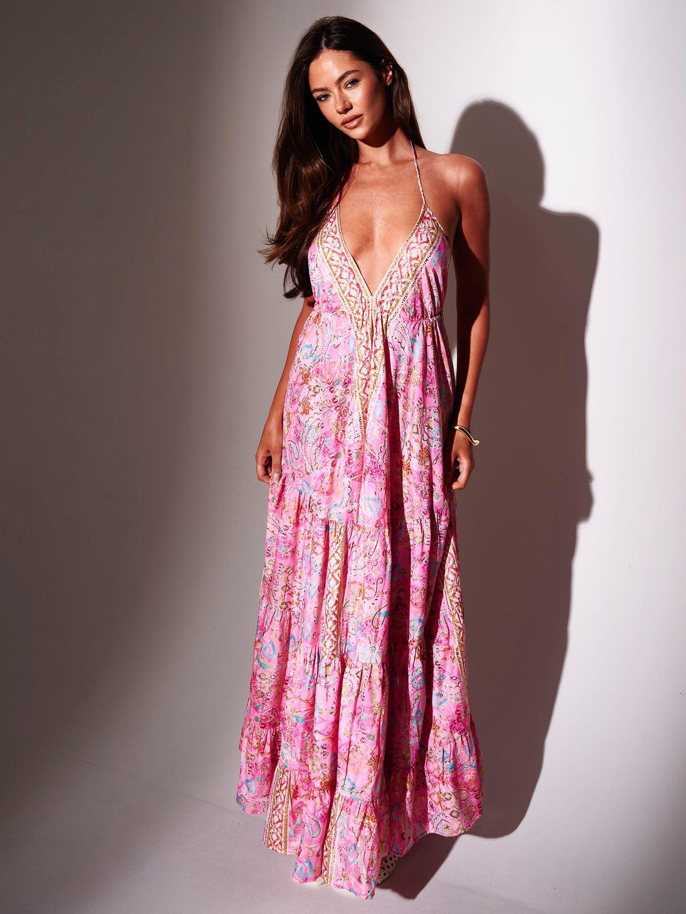 South Beach Paisley Printed Halterneck V Neck Maxi Scarf Dress - Pink