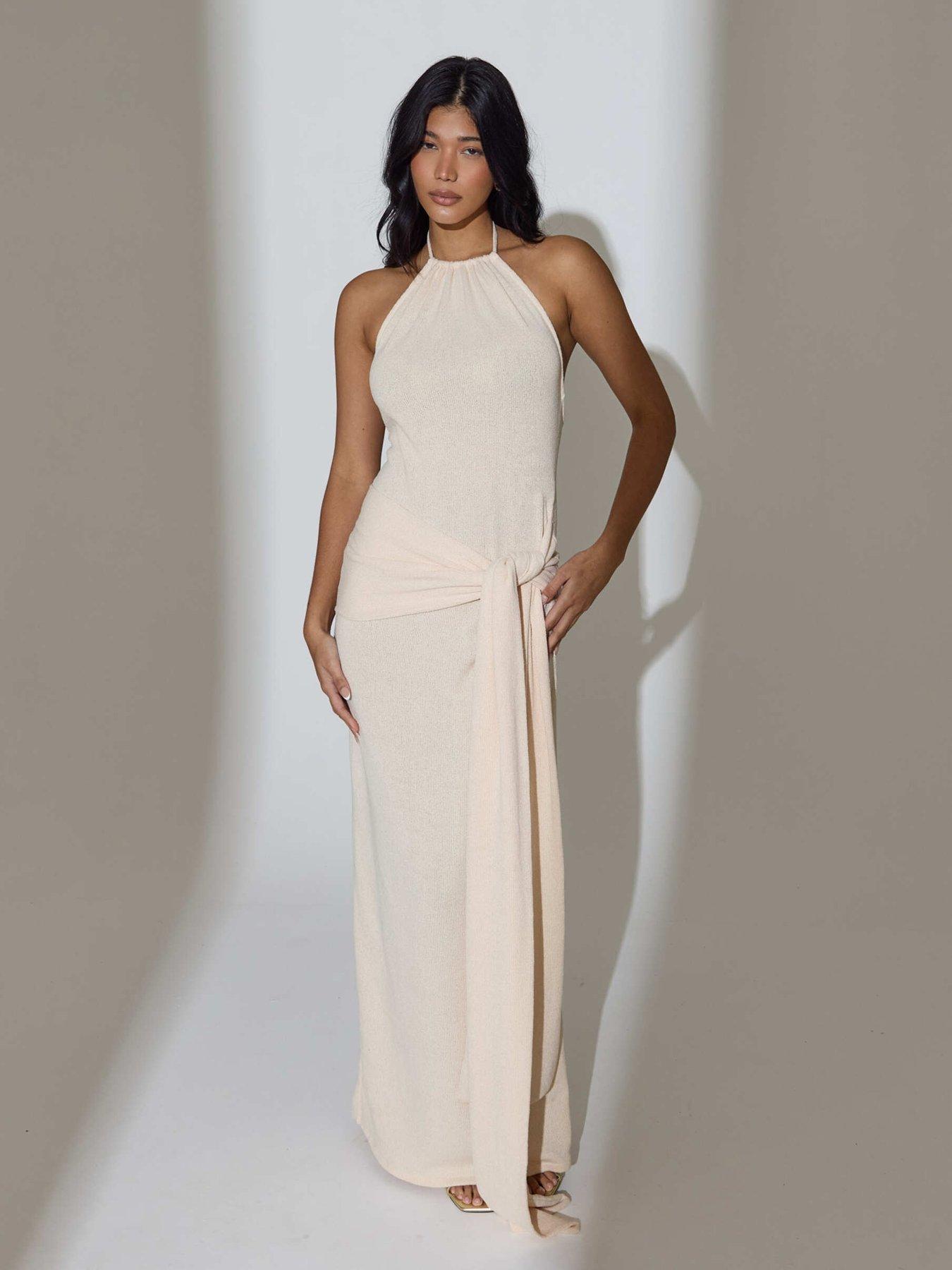 South Beach Knitted Sash Tie Maxi Dress - Beige