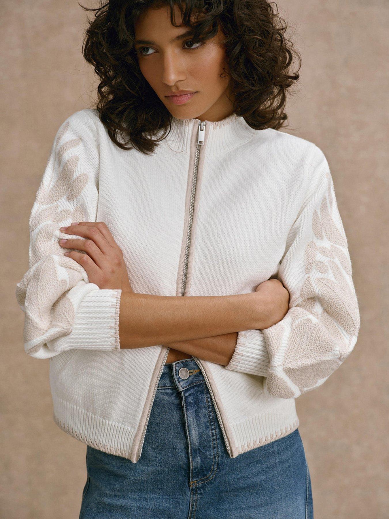 Mint Velvet Embroidery Zip Knit - Ivory