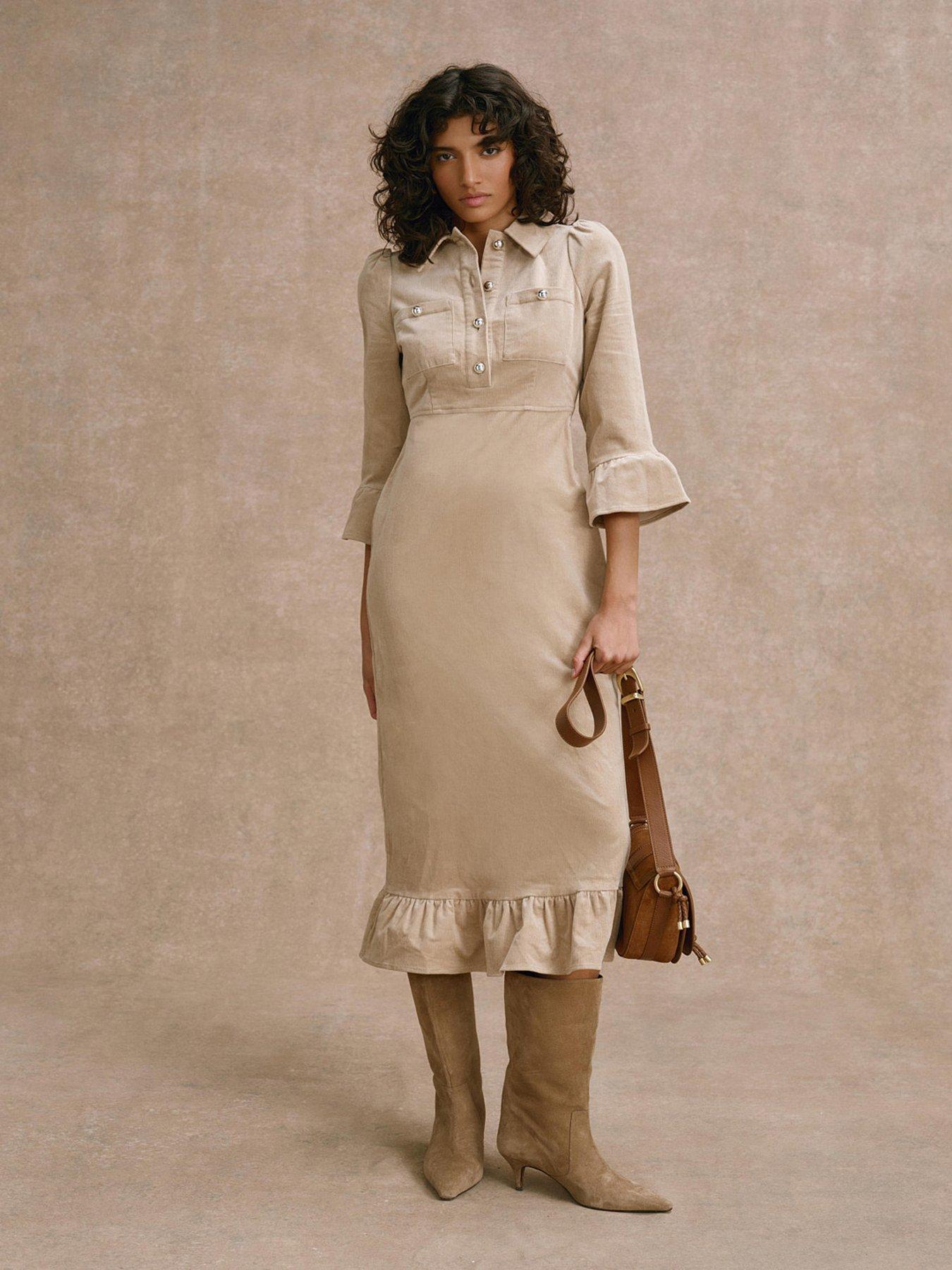Mint Velvet Cord Shirt Midi Dress - Stone
