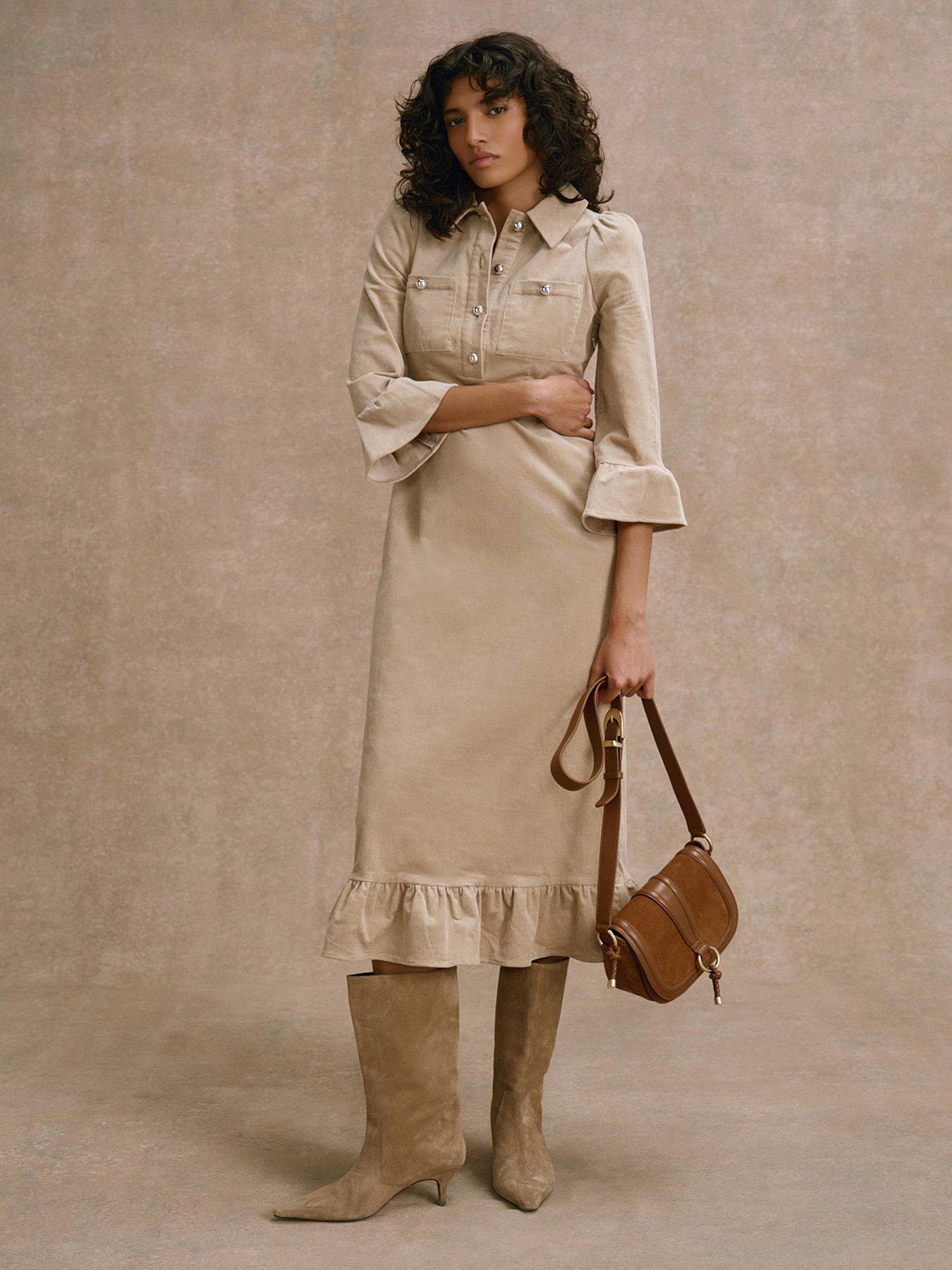Image 2 of 6 of Mint Velvet Cord Shirt Midi Dress - Stone