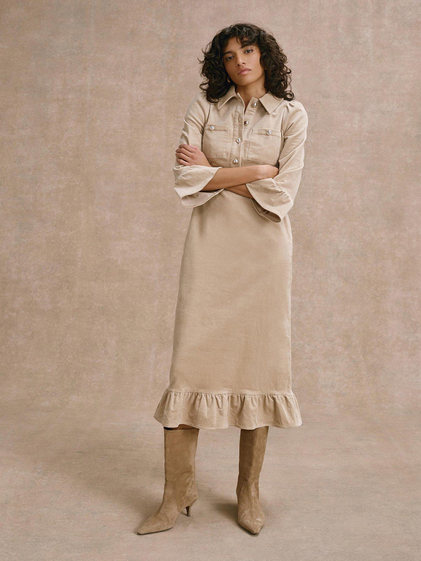 Image 4 of 6 of Mint Velvet Cord Shirt Midi Dress - Stone