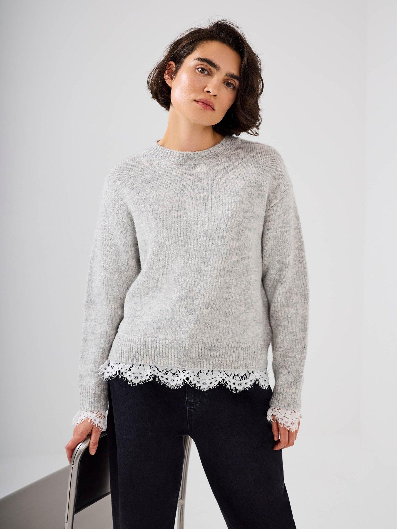 Mint Velvet Lace Hem Jumper - Grey