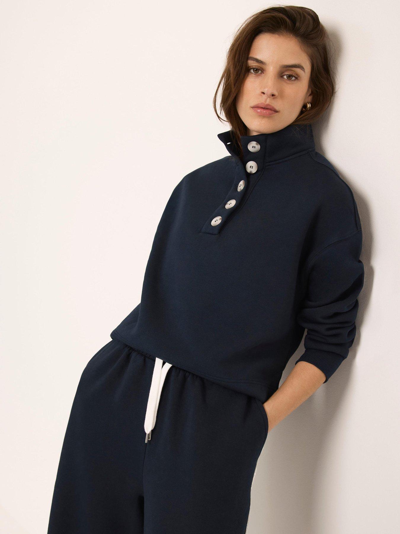 Image 1 of 6 of Mint Velvet Button Neck Sweatshirt -Navy Blue
