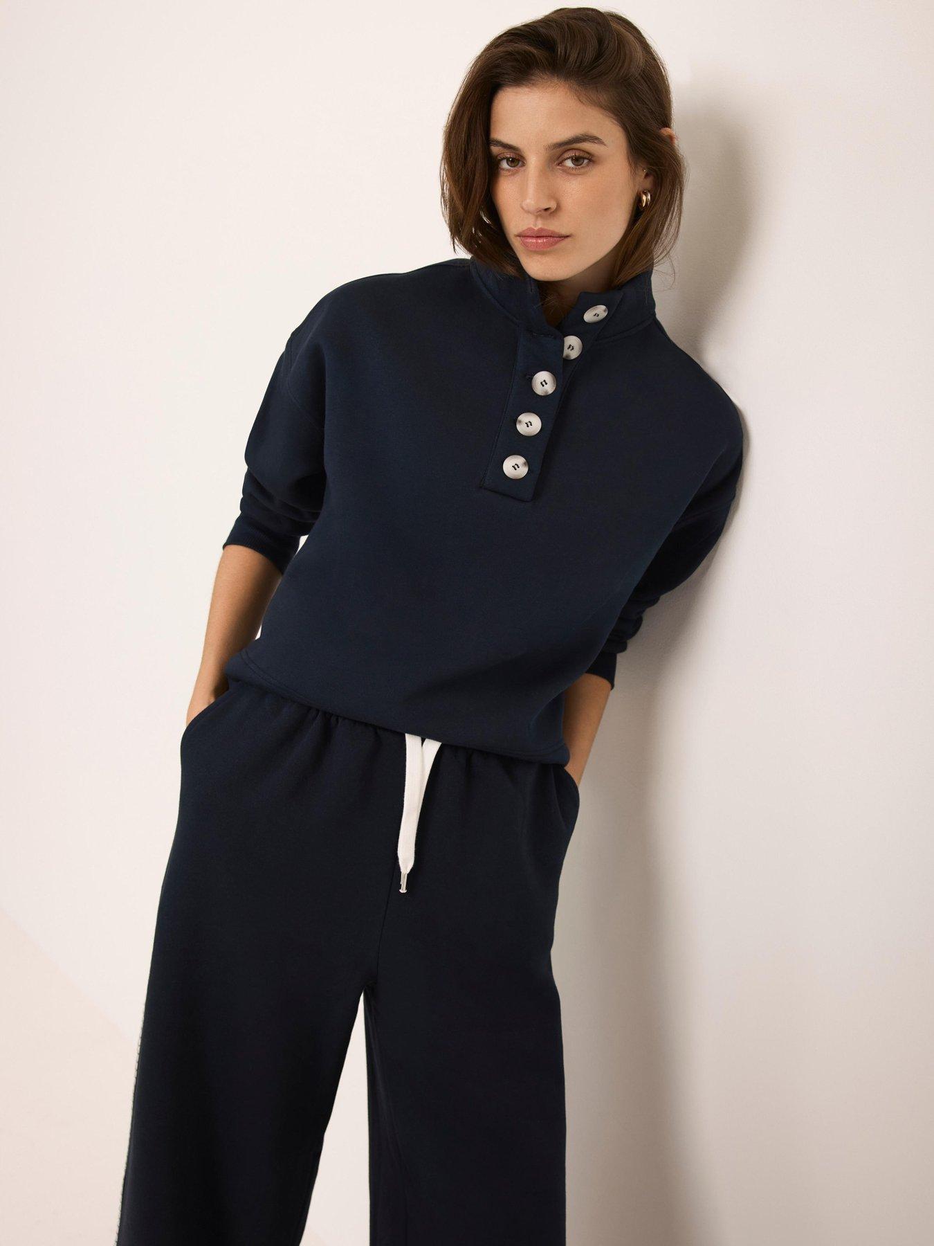 Image 3 of 6 of Mint Velvet Button Neck Sweatshirt -Navy Blue