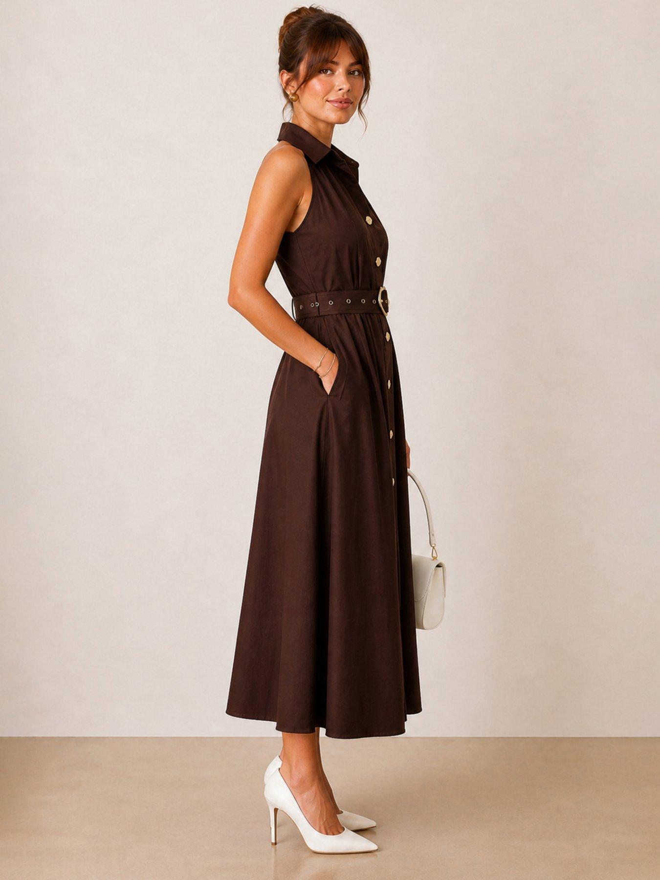 Style Cheat Cotton Racer Shirt Sleeveless Midi Dress - Brown