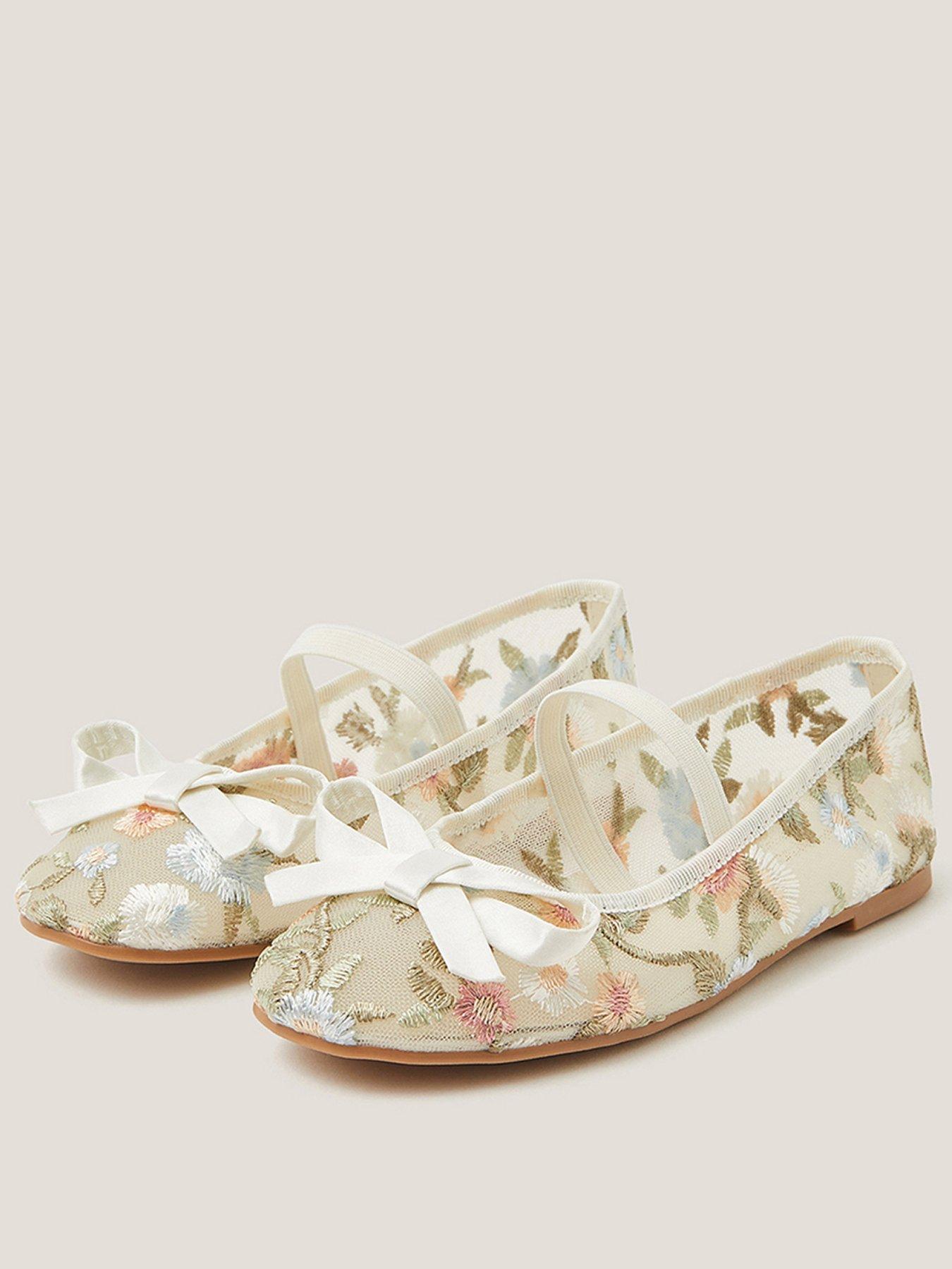 Monsoon Girls Pastel Flower Embroidered Ballerina Shoes - Light Cream