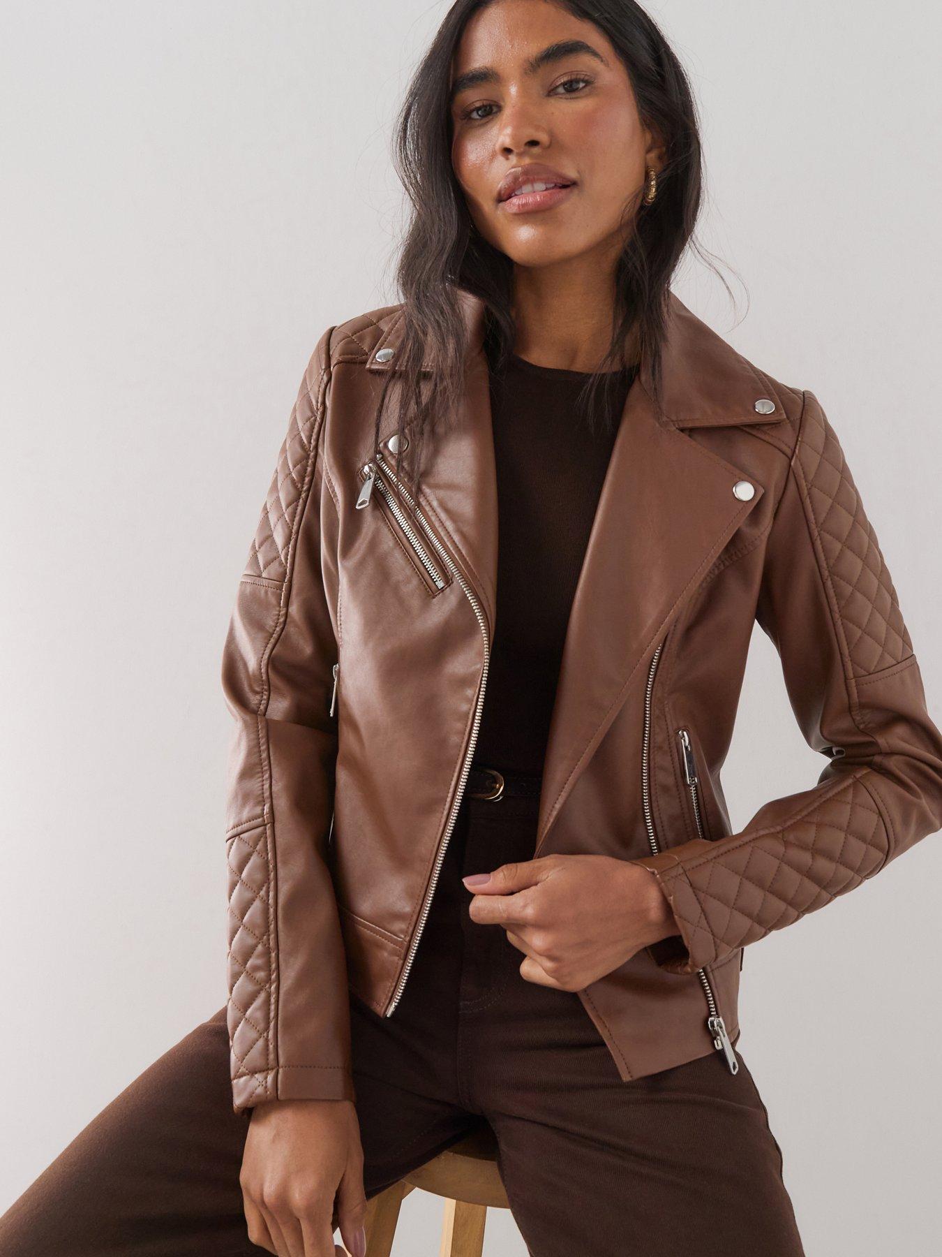 The Very Collection Faux Leather Biker Jacket - Brown