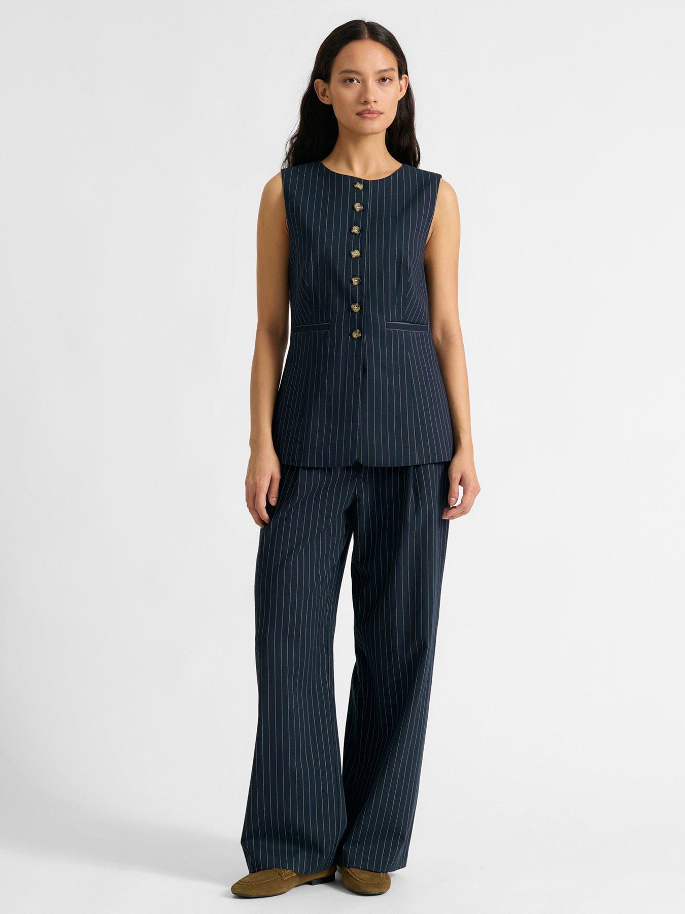 Albaray Pinstripe Pleat Trouser, Navy, Size 10, Women