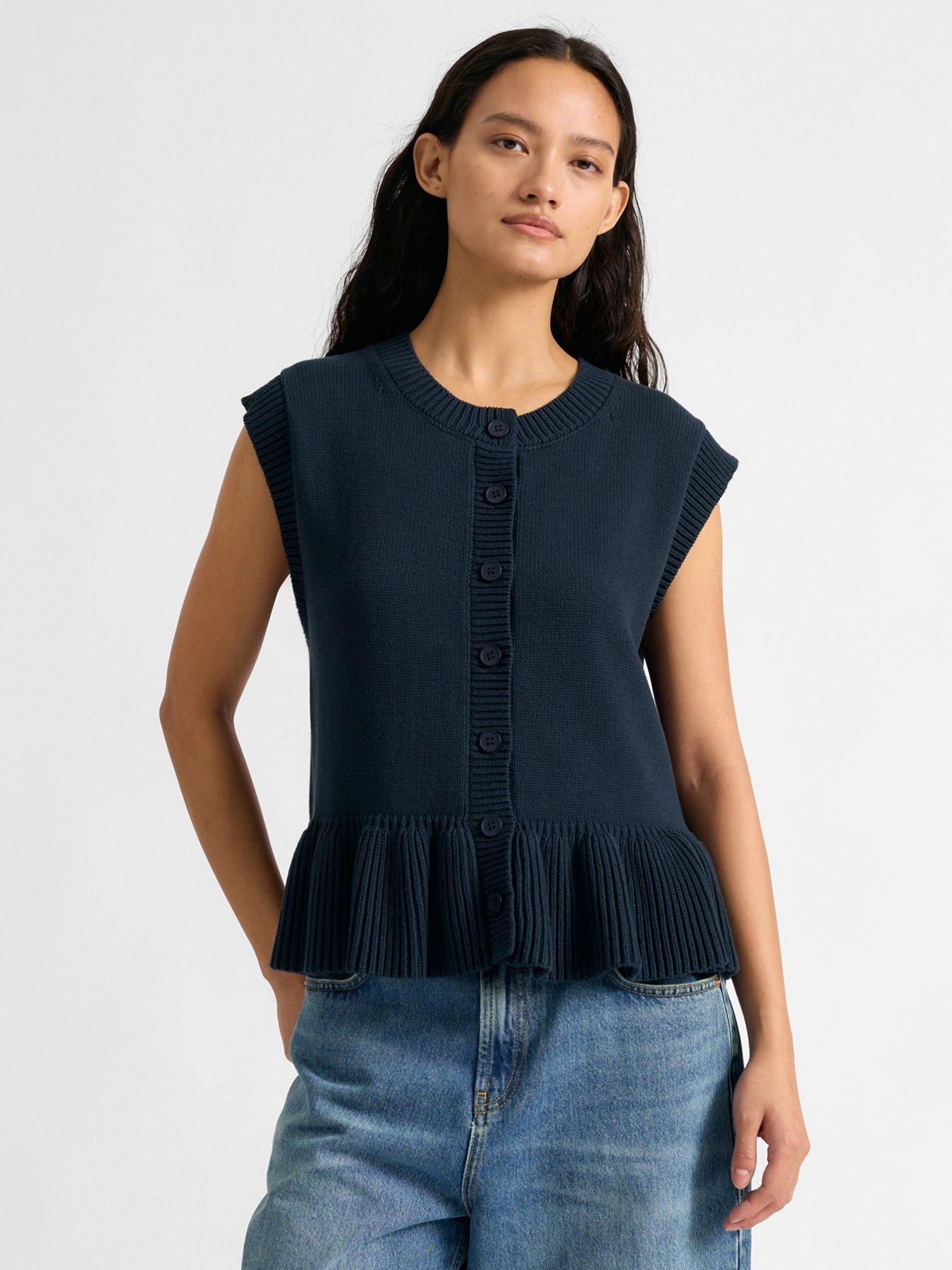 Albaray Peplum Hem Cotton Knitted Vest - Navy