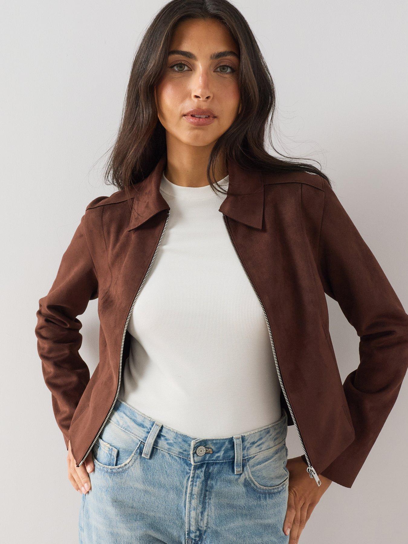 Image 1 of 7 of The Very Collection Zip Front Suedette Jacket - Brown