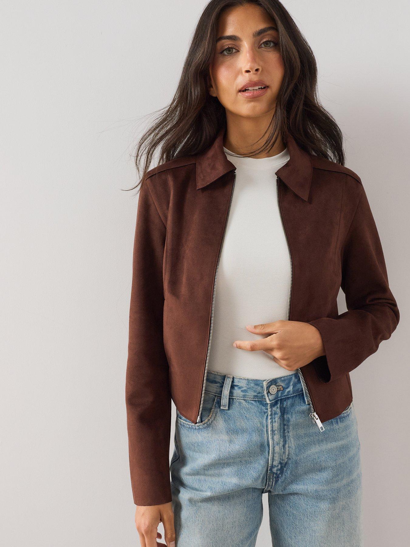 Image 4 of 7 of The Very Collection Zip Front Suedette Jacket - Brown