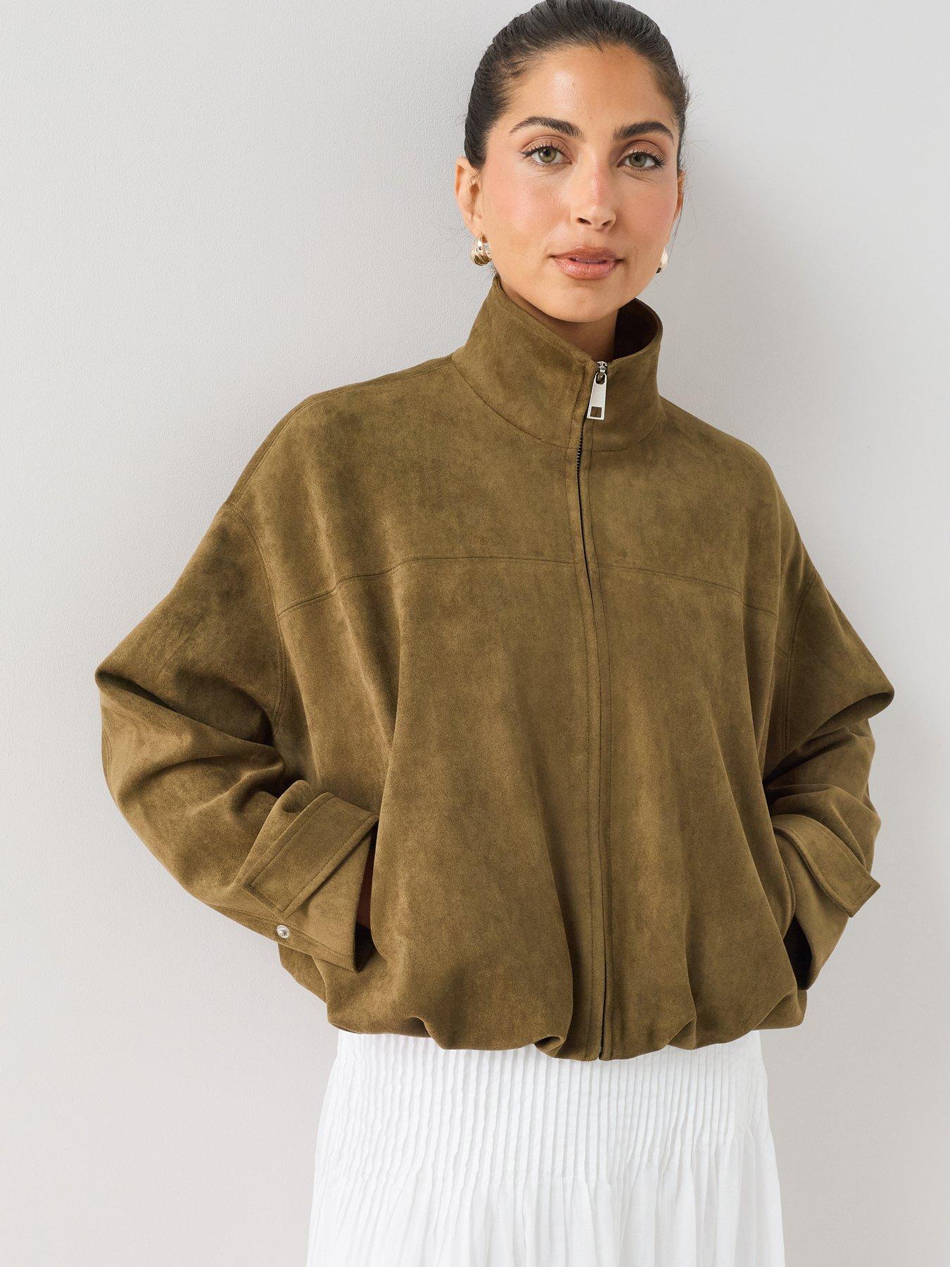 The Very Collection Funnel Neck Suede Bomber Jacket - Khaki