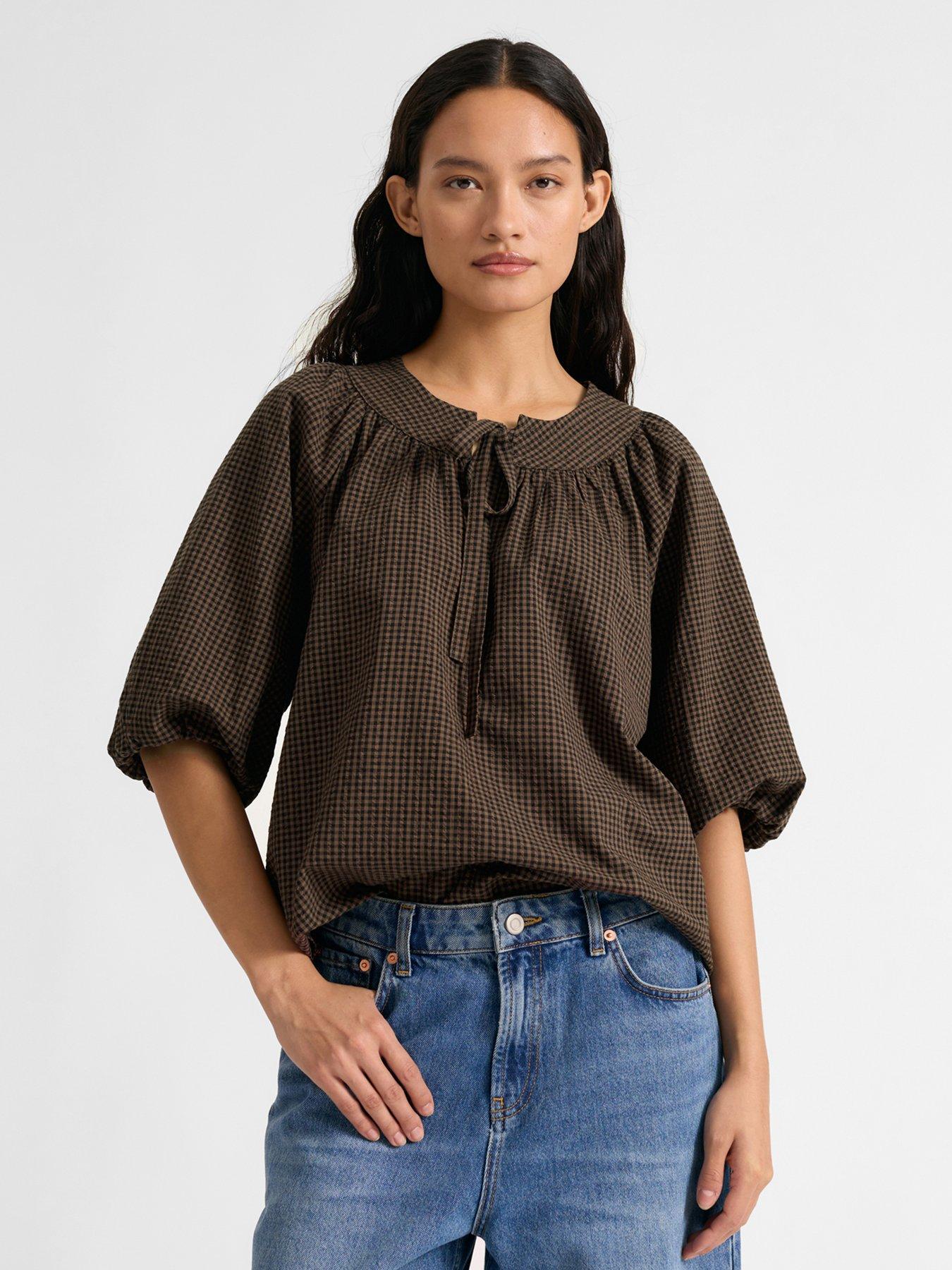 Albaray Gingham Tie Neck Top - Brown