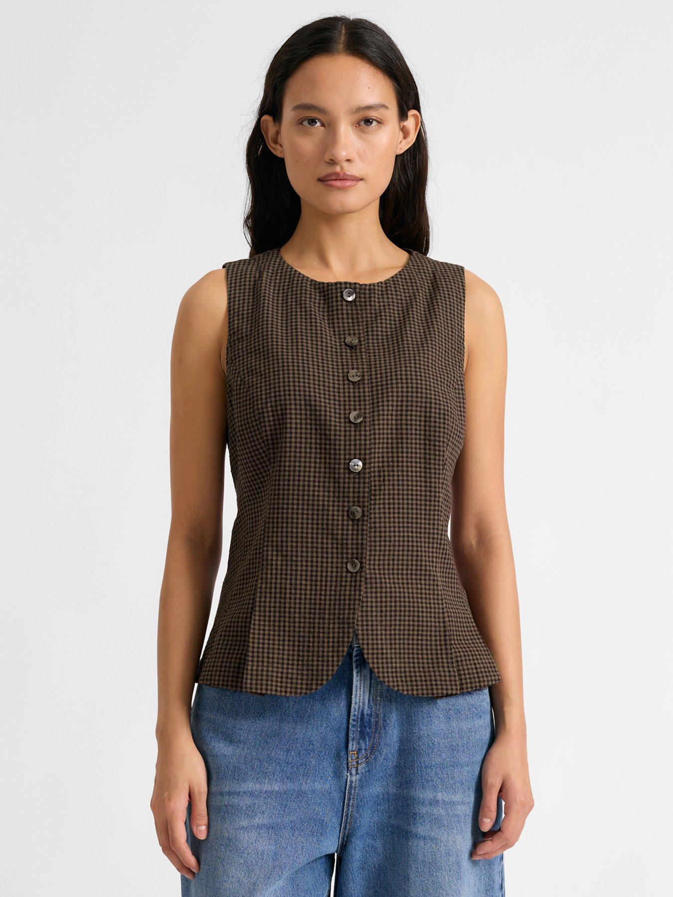 Albaray Gingham Print Button Front Waistcoat - Brown