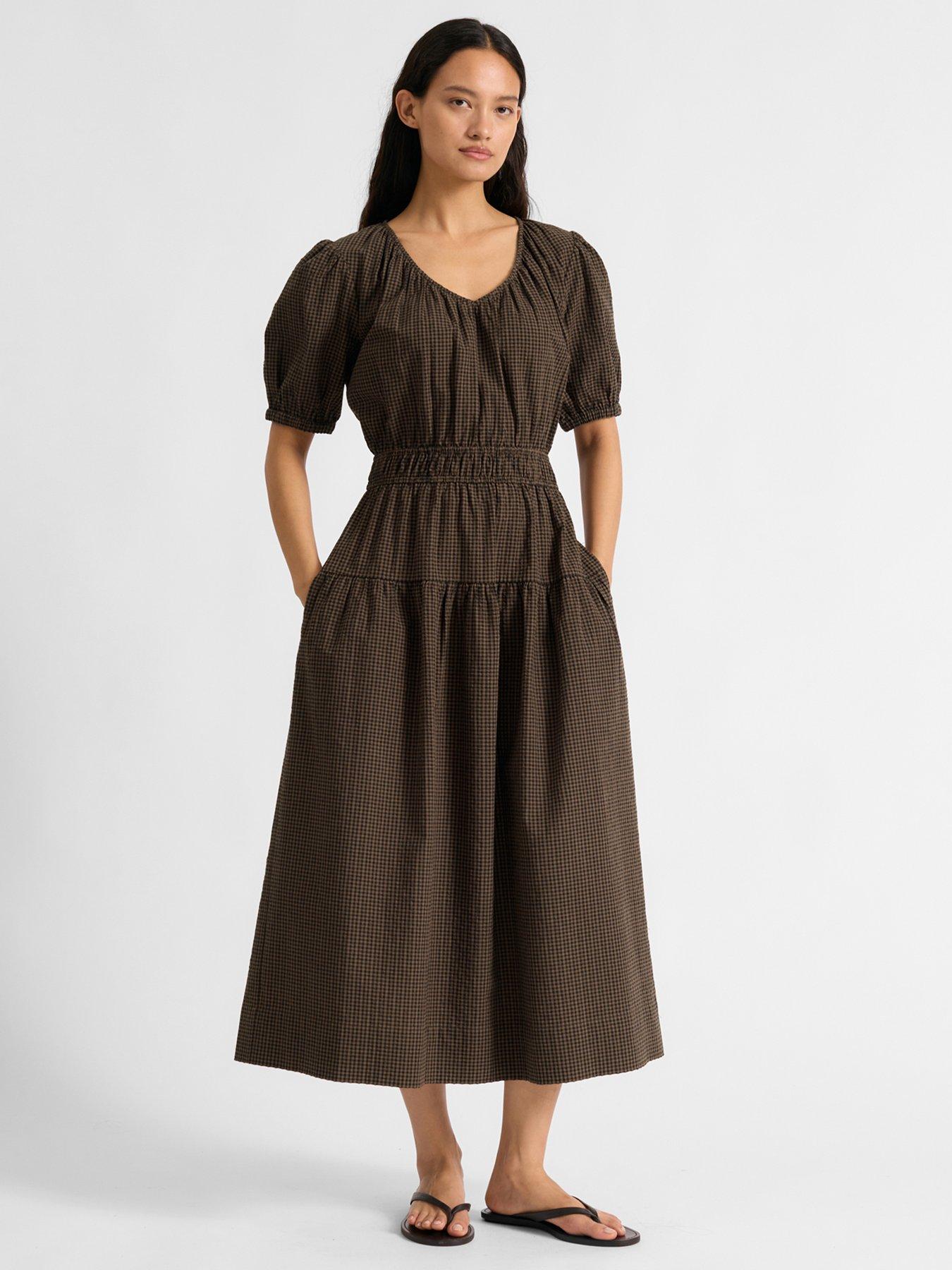 Albaray Gingham Midi Dress - Brown