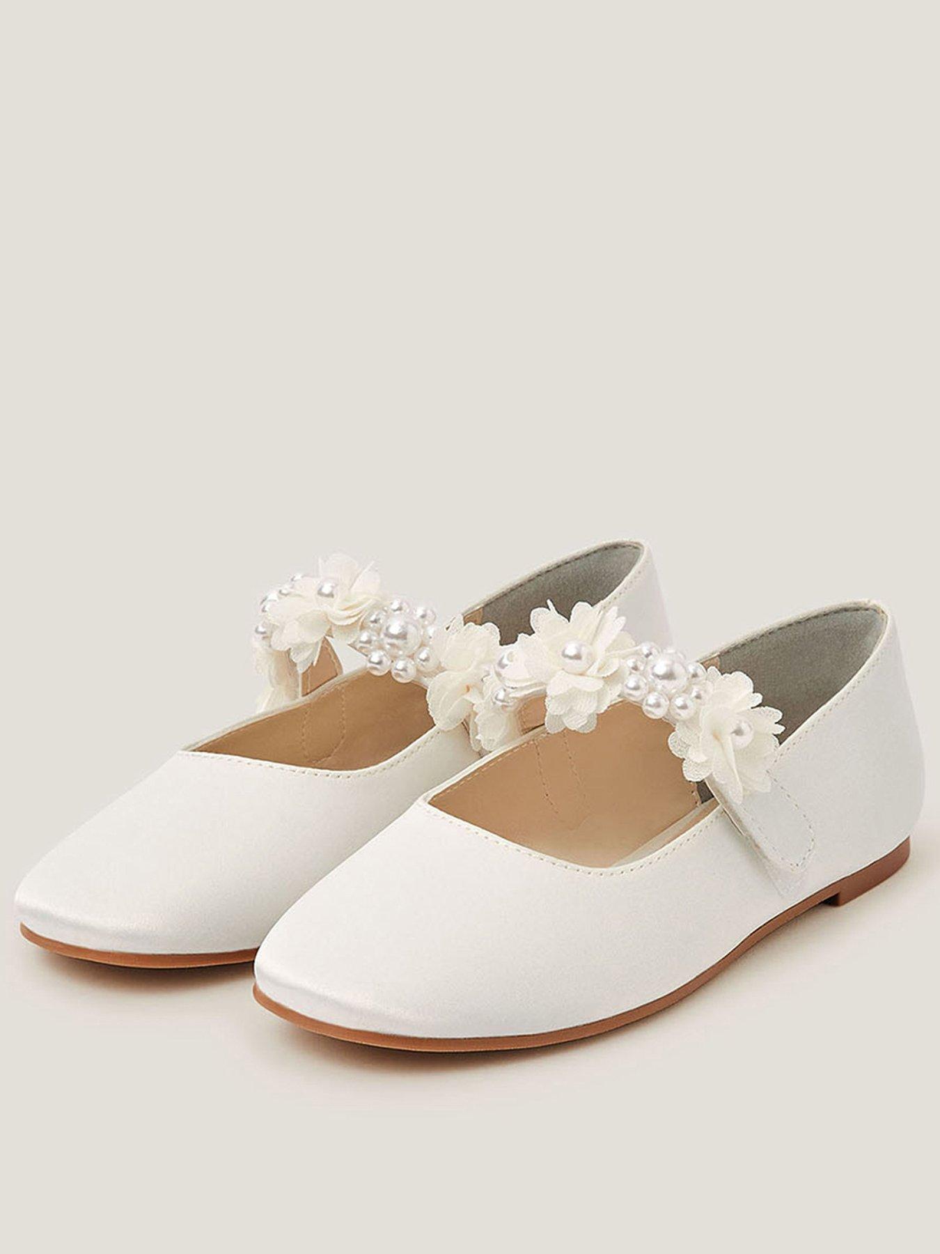 Monsoon Girls Communion Pearly Pom Flower Ballerina Shoes - Light Cream