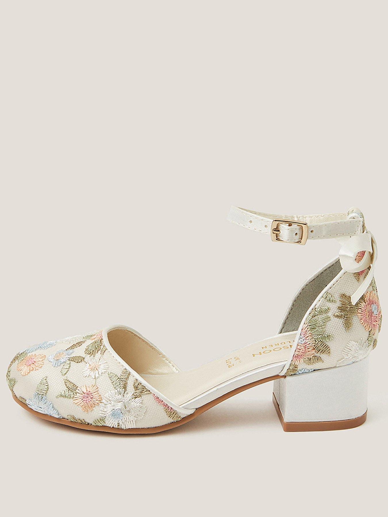 Monsoon Girls Pastel Flower Embroidered 2 Part Heel Shoes - Light Cream