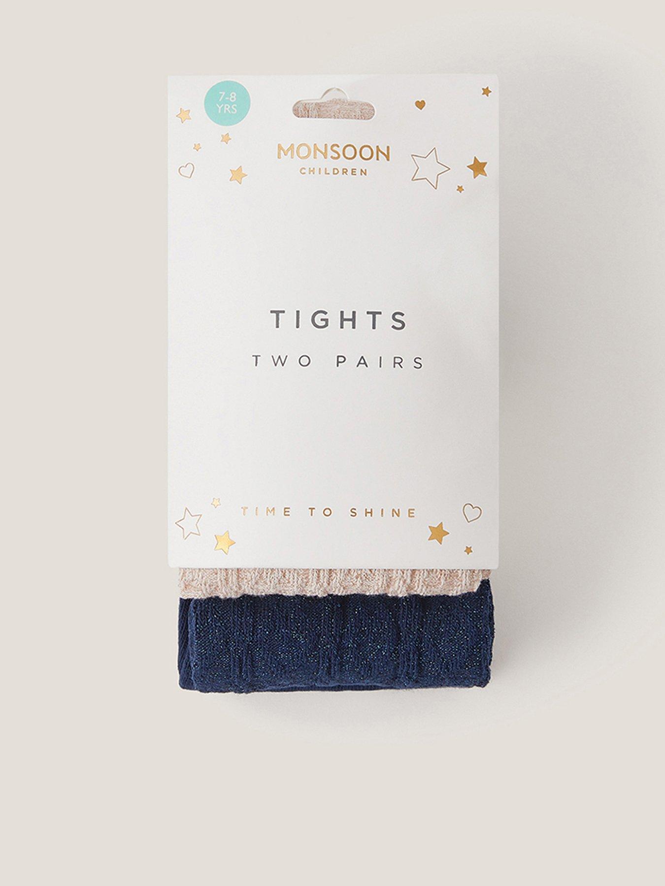 Monsoon Girls 2 Pack Cable Heart Tights, Multi, Size 5-6 Years
