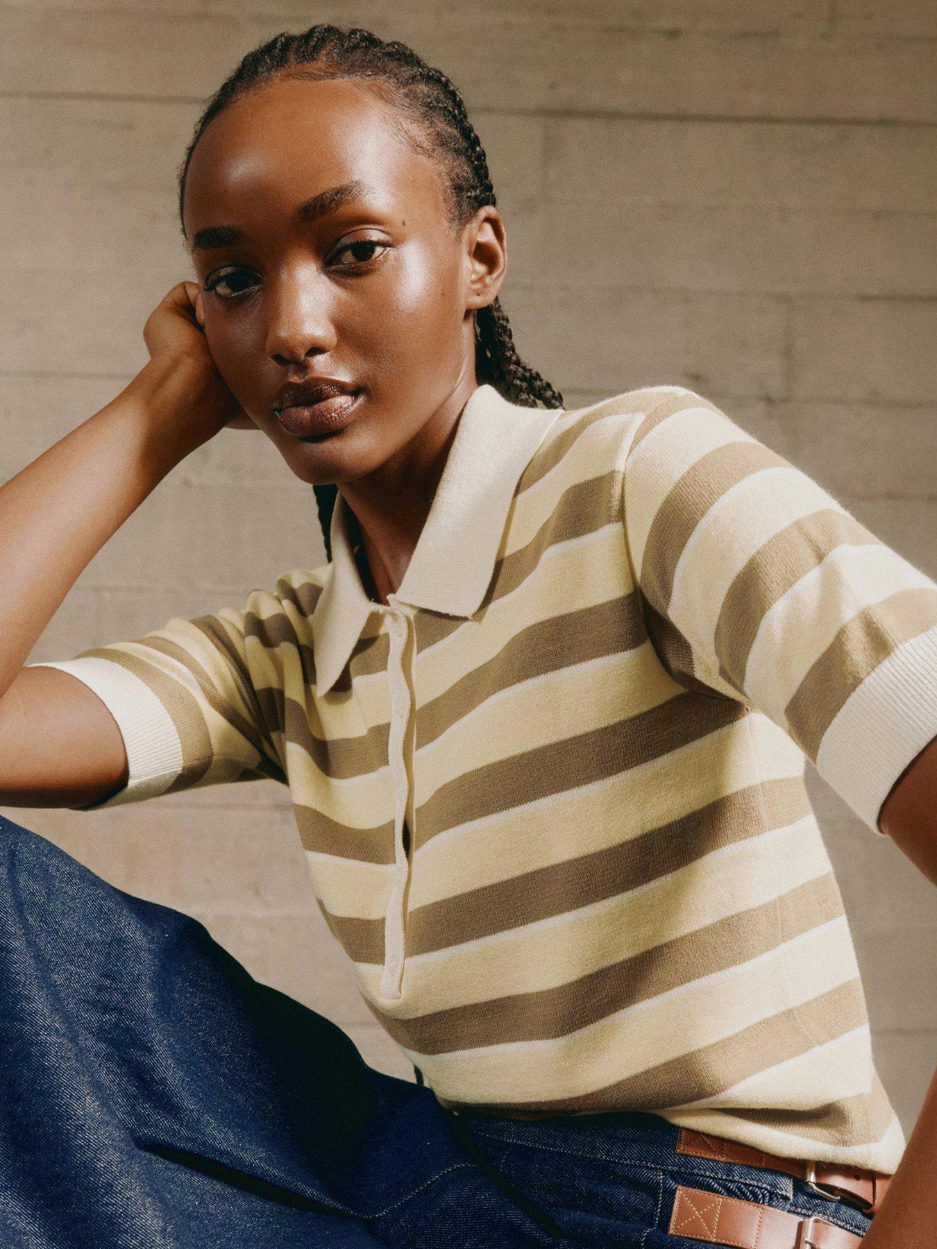 Image 1 of 5 of Albaray Lemon &amp; Camel Stripe Polo - Yellow
