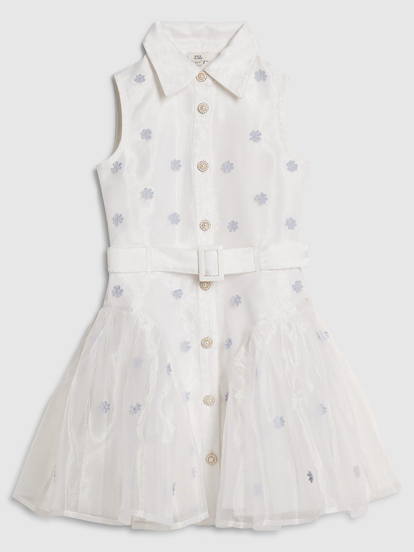 River Island Older Girls Floral Organza Prom Dress - White