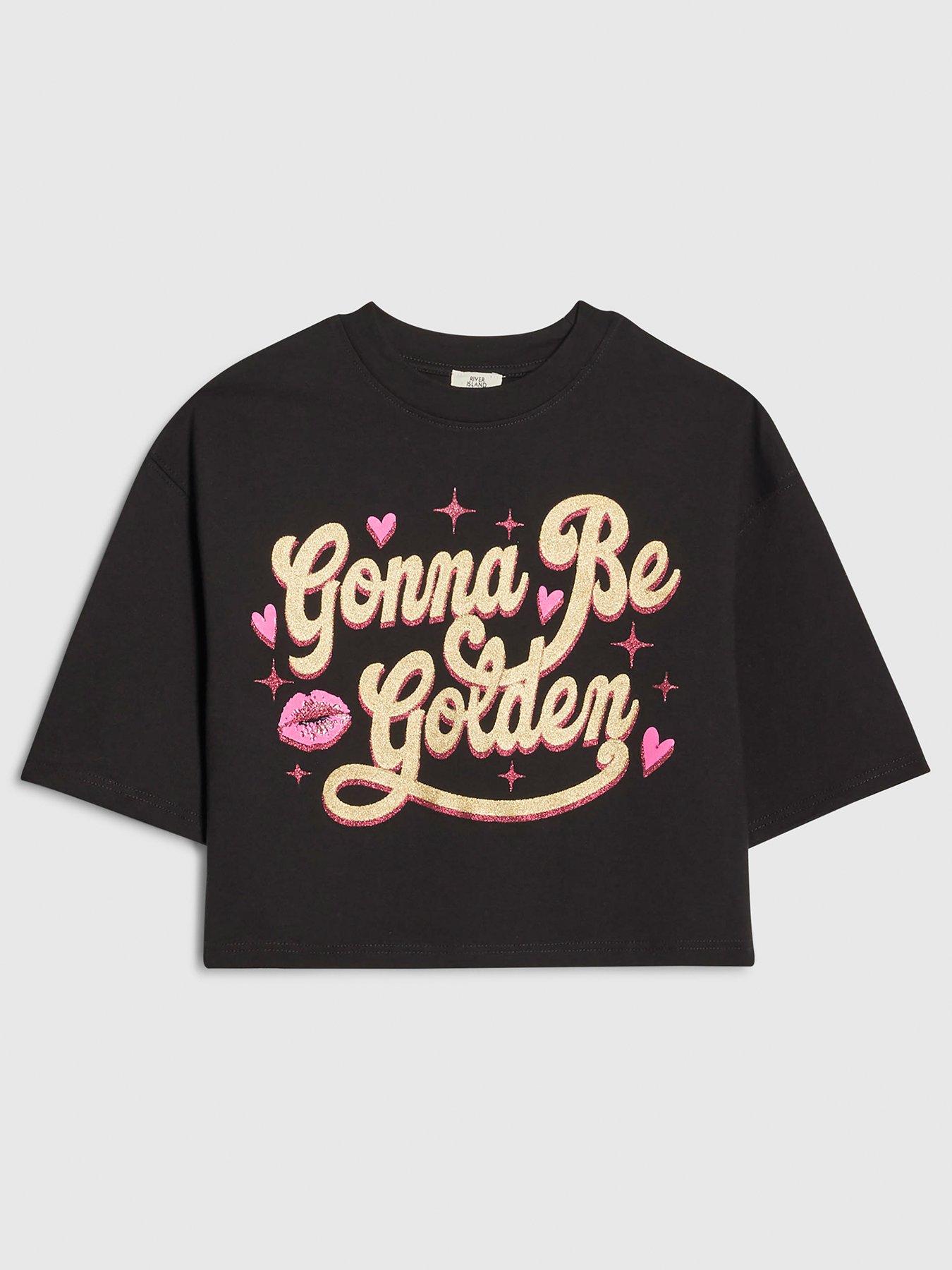 Image 1 of 4 of River Island Older Girls Gonna Be Golden Crop T-Shirt - Black