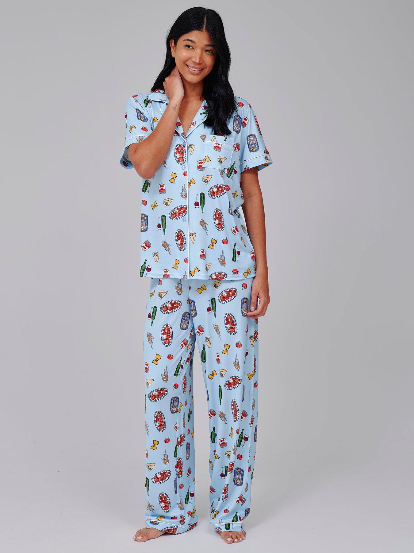 Image 1 of 4 of Loungeable Pasta Food Graphic Shirt And Trouser Pyjama Set - Blue