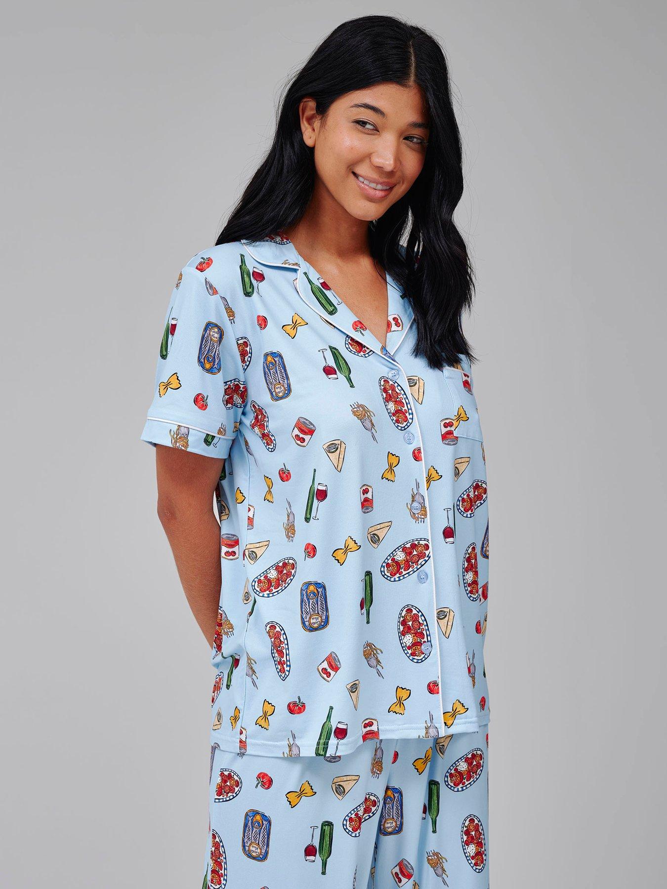 Image 2 of 4 of Loungeable Pasta Food Graphic Shirt And Trouser Pyjama Set - Blue