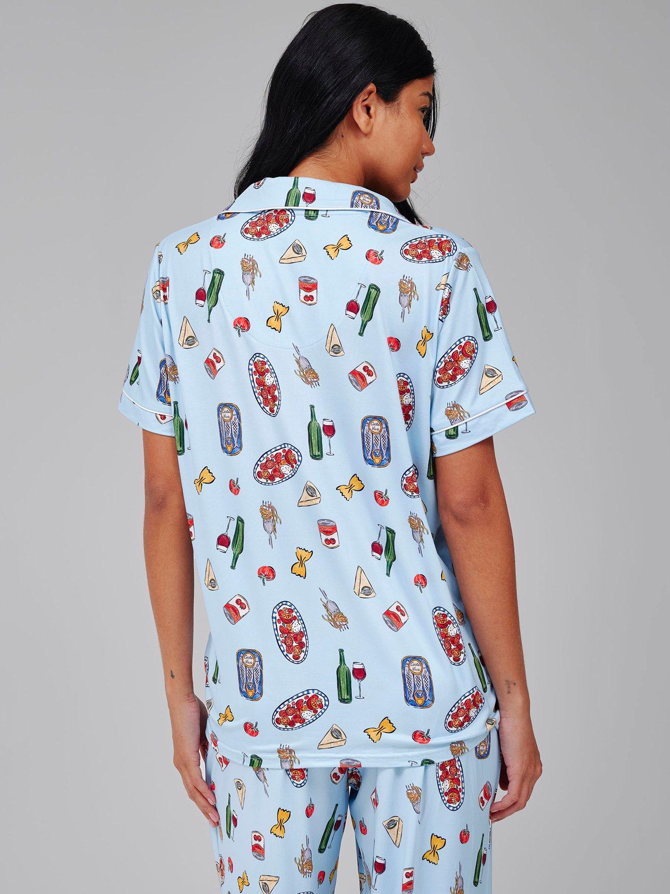Image 3 of 4 of Loungeable Pasta Food Graphic Shirt And Trouser Pyjama Set - Blue