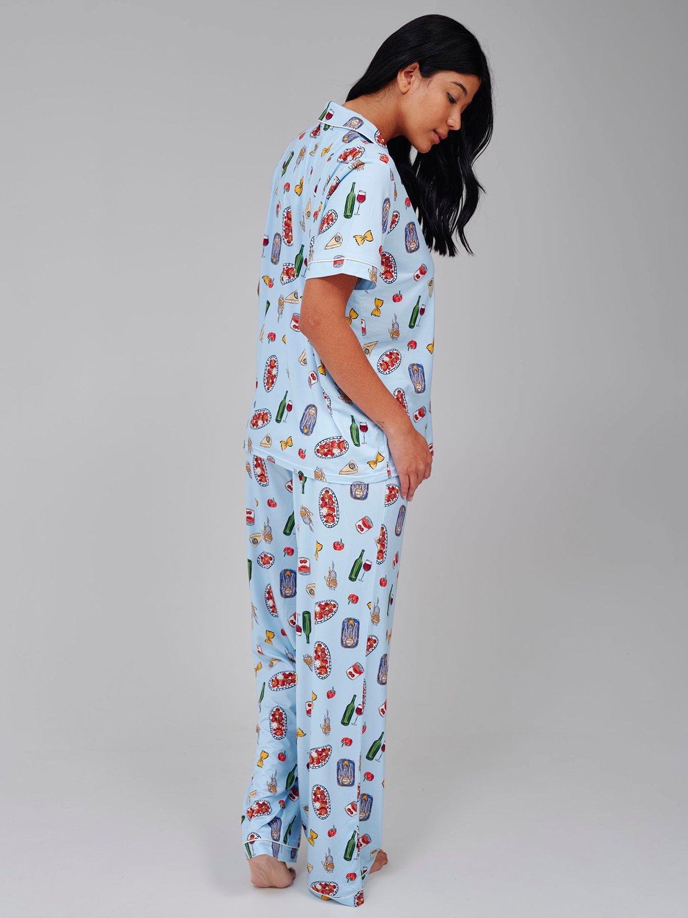 Image 4 of 4 of Loungeable Pasta Food Graphic Shirt And Trouser Pyjama Set - Blue