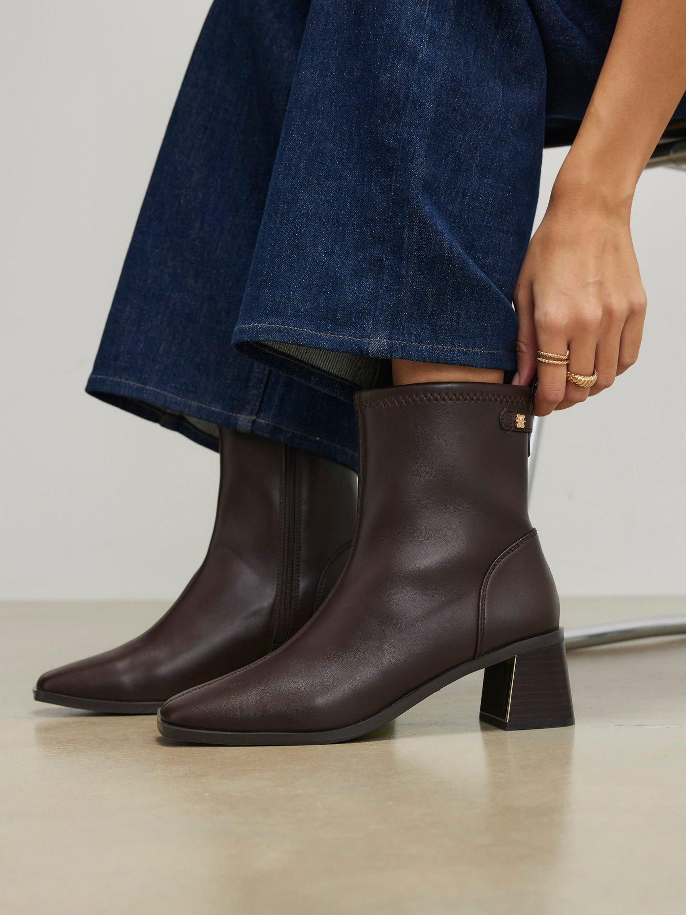 Image 1 of 5 of River Island Block Heel Stretch Sock Boot - Brown