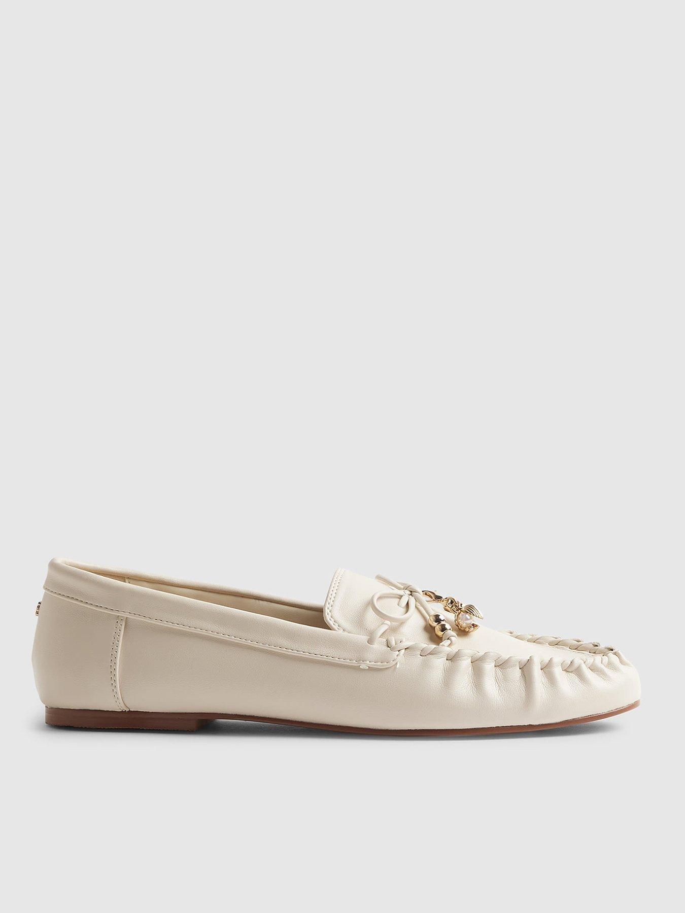 Image 1 of 5 of River Island Bow PU Moccasin Loafer - White