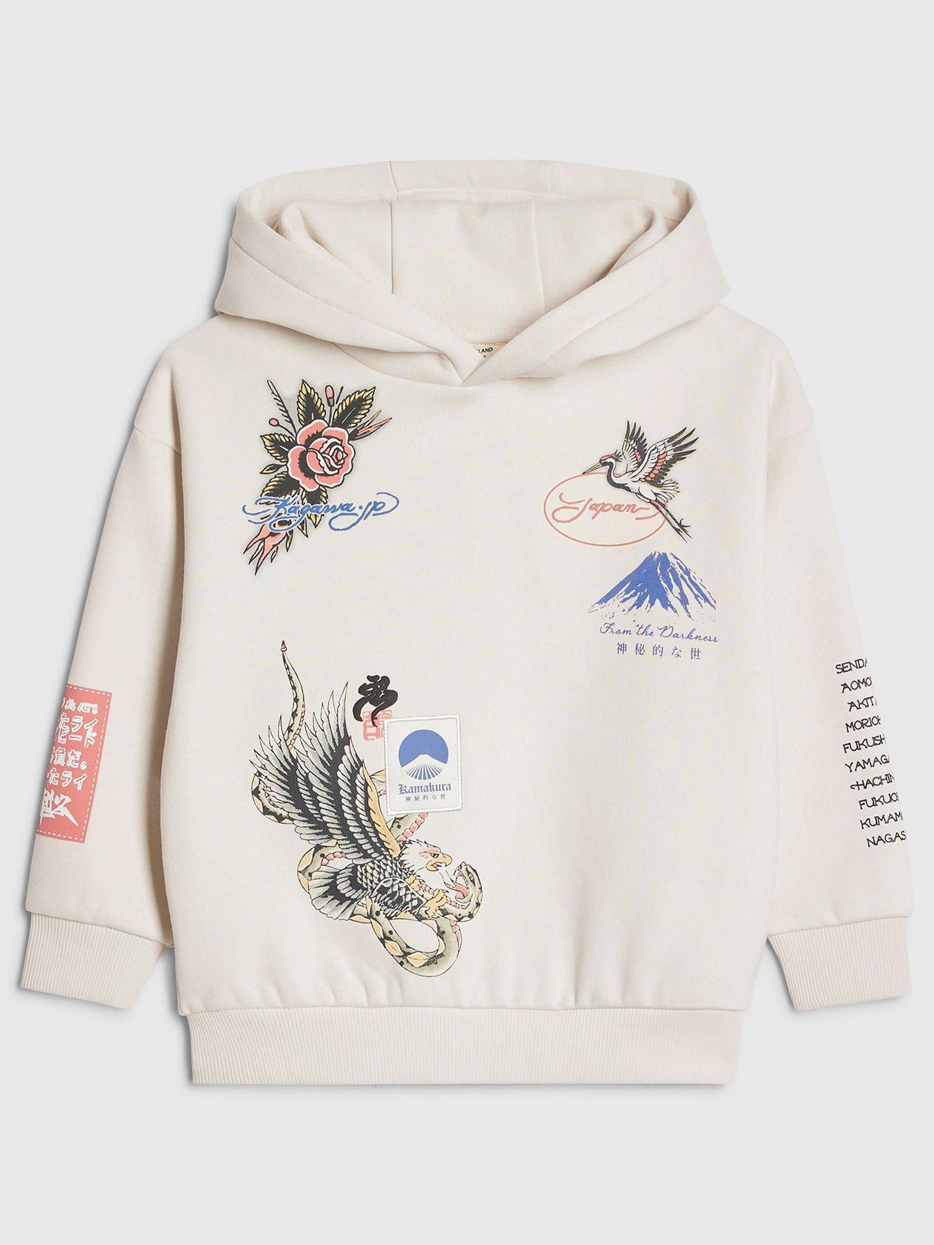 River Island Mini Boys Graphic Back Print Japanese Bird Hoodie - Cream