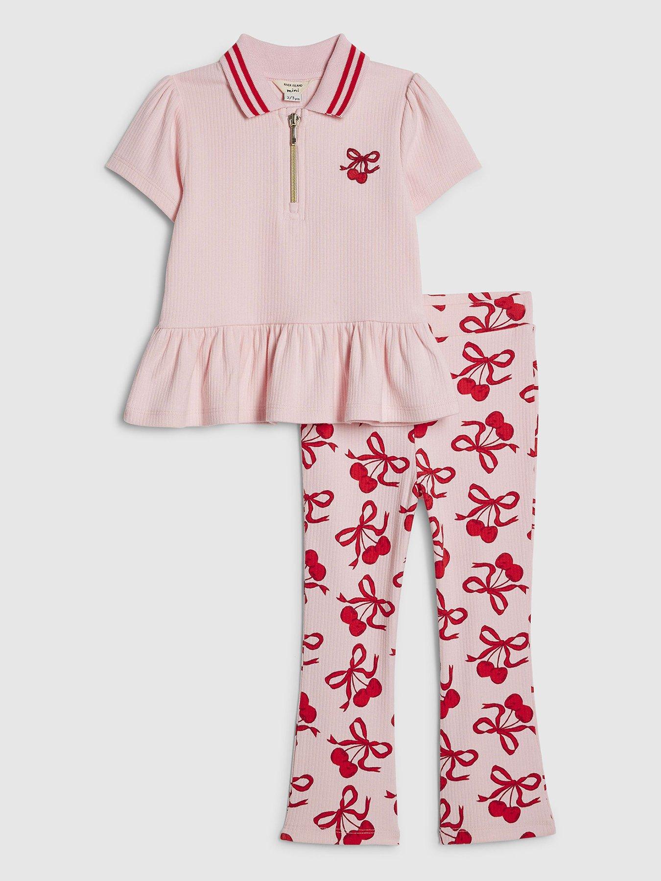 Image 1 of 4 of River Island Mini Girls Cherry Bow Leggings Set - Pink