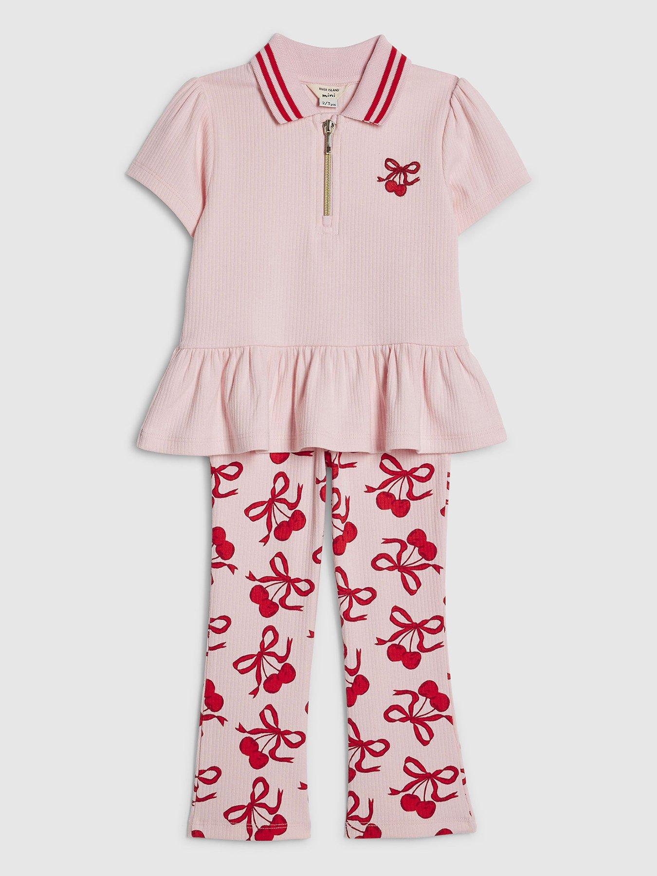 Image 2 of 4 of River Island Mini Girls Cherry Bow Leggings Set - Pink